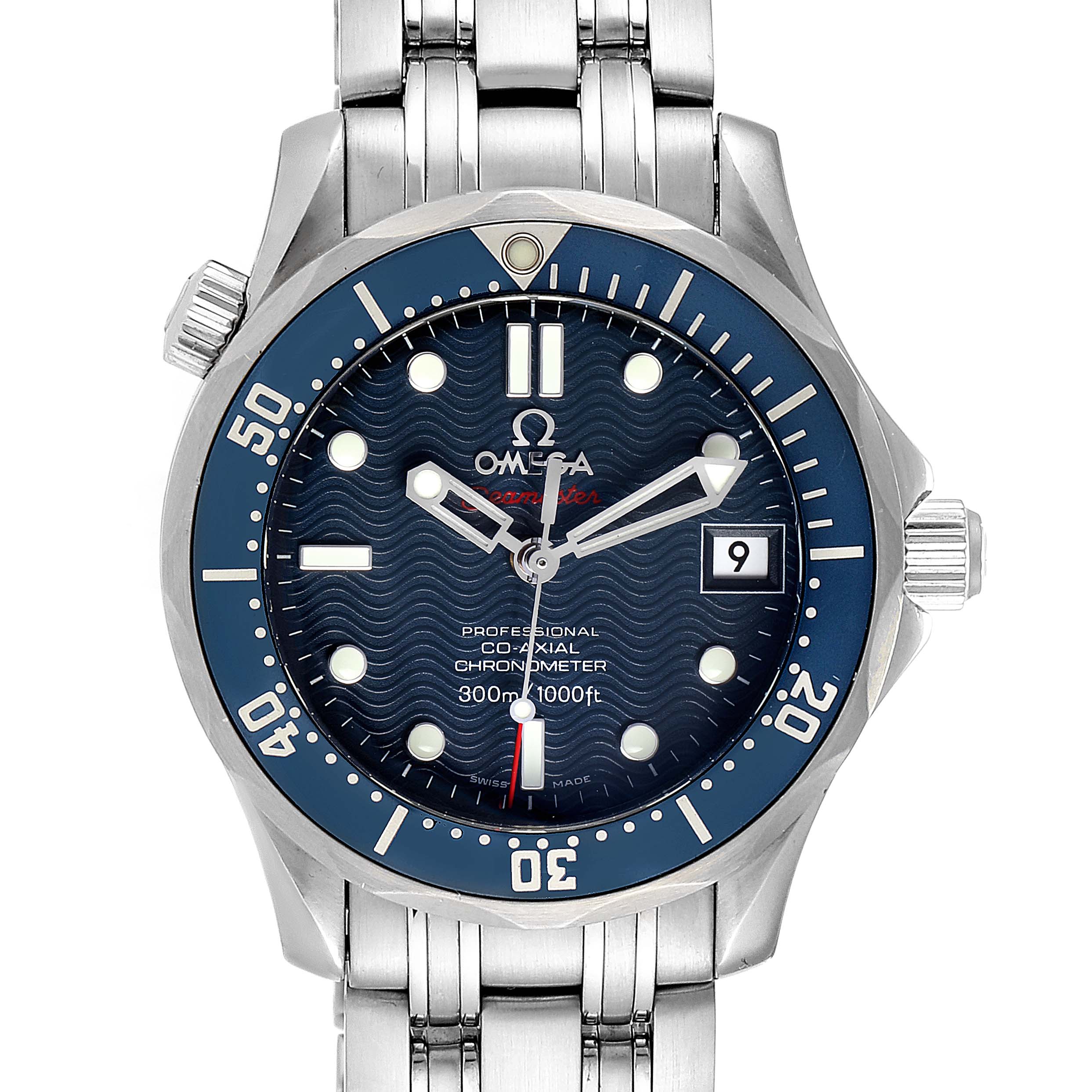 The image shows a front view of an Omega Seamaster 2222.80.00 Men's Stainless Steel Blue Dial 2222.80.00 Men's Stainless Steel Blue Dial watch, featuring its face, bezel, and part of its metal bracelet.
