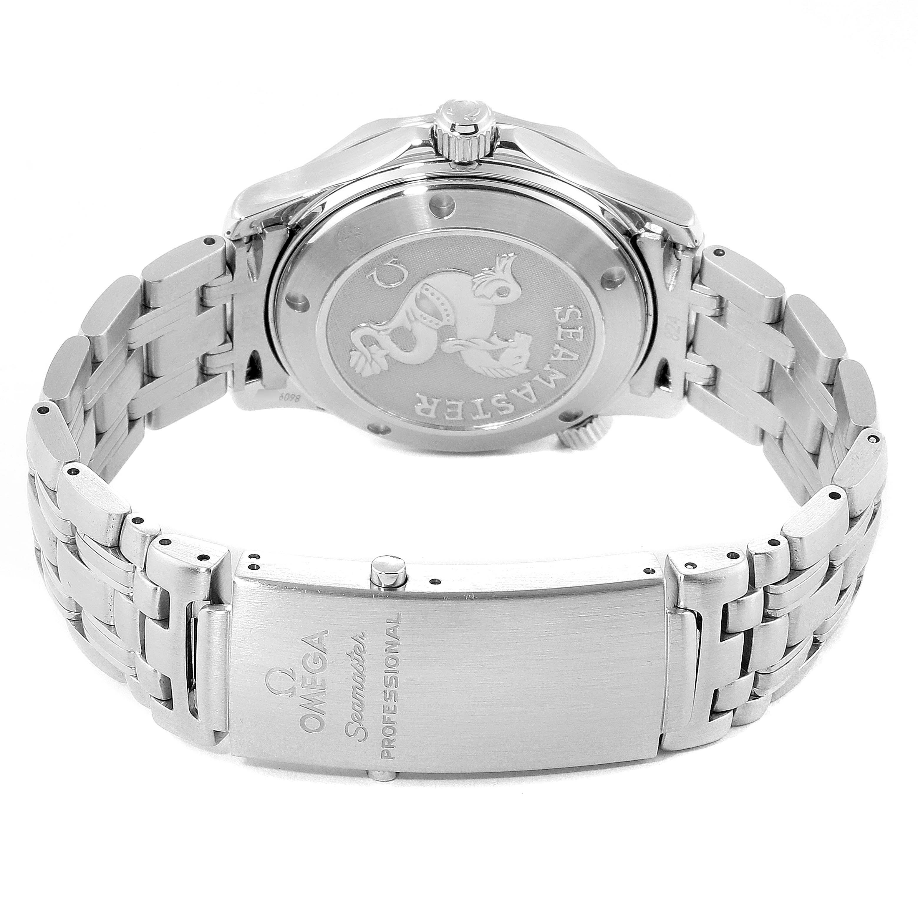 The Omega Seamaster 2222.80.00 Men's Stainless Steel Blue Dial 2222.80.00 Men's Stainless Steel Blue Dial watch is shown from the back, displaying the case back, bracelet, and clasp.