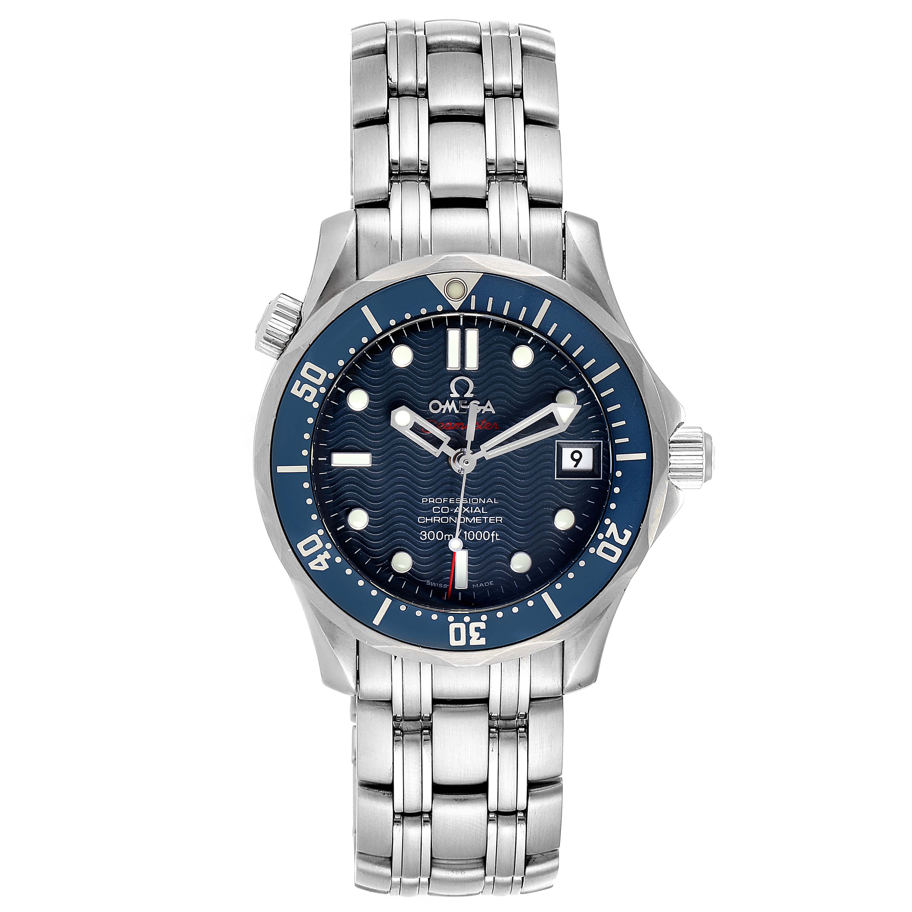 This image shows a front view of an Omega Seamaster 2222.80.00 Men's Stainless Steel Blue Dial 2222.80.00 Men's Stainless Steel Blue Dial watch including the dial, bezel, case, and metal bracelet.