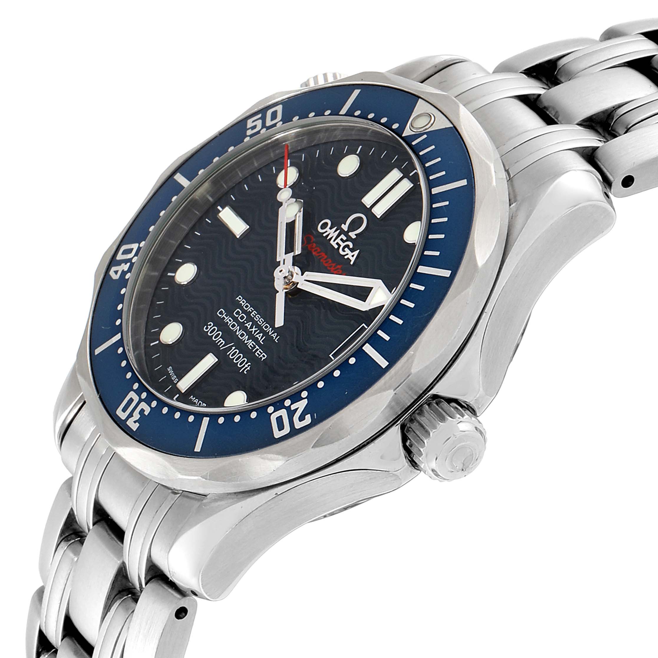 This image shows an angled view of the Omega Seamaster 2222.80.00 Men's Stainless Steel Blue Dial 2222.80.00 Men's Stainless Steel Blue Dial watch, highlighting the bezel, crown, and stainless steel bracelet.