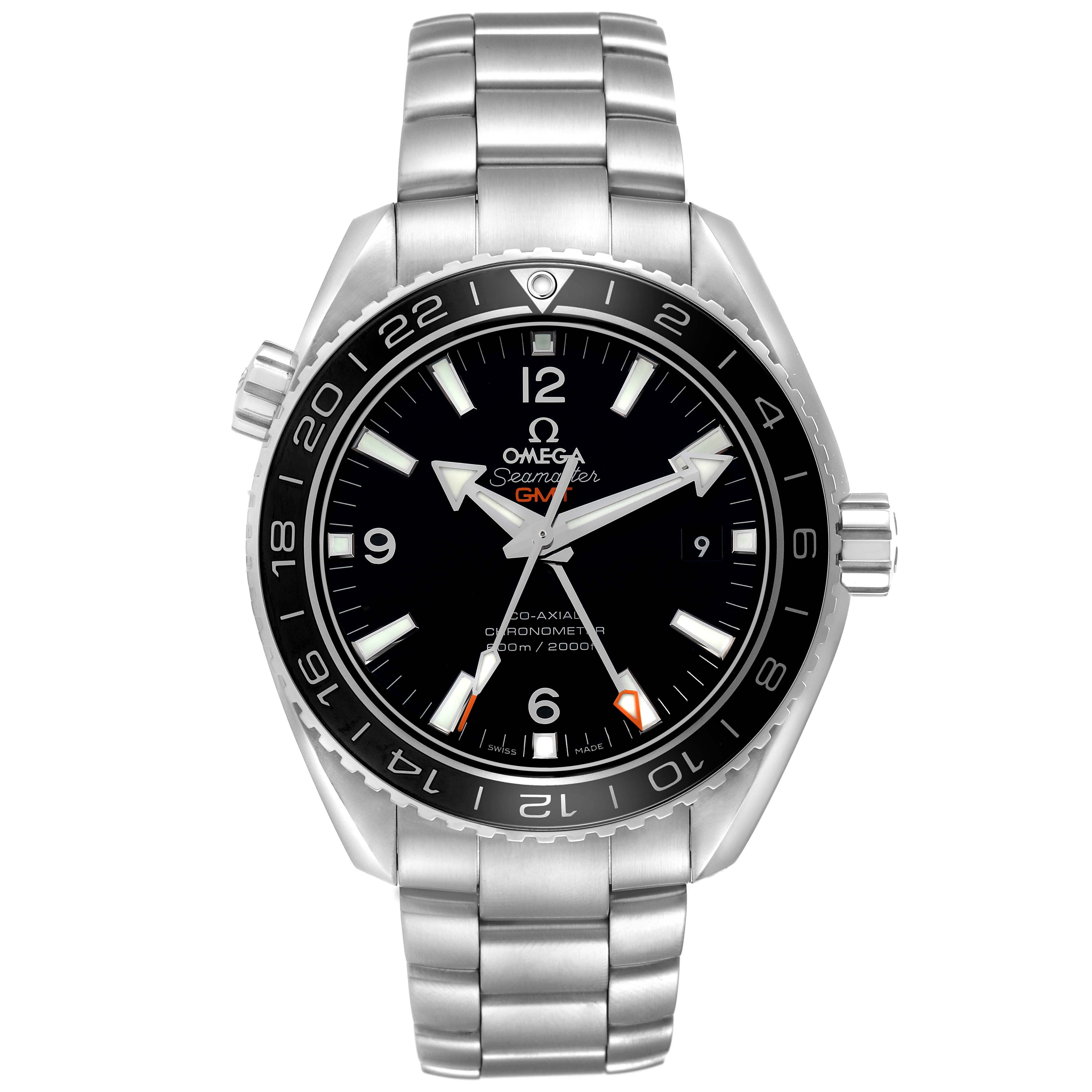 The Omega Planet Ocean 232.30.44.22.01.001 Men
s Stainless Steel Black Dial watch is shown from a front view, displaying its face, bezel, and metal bracelet.