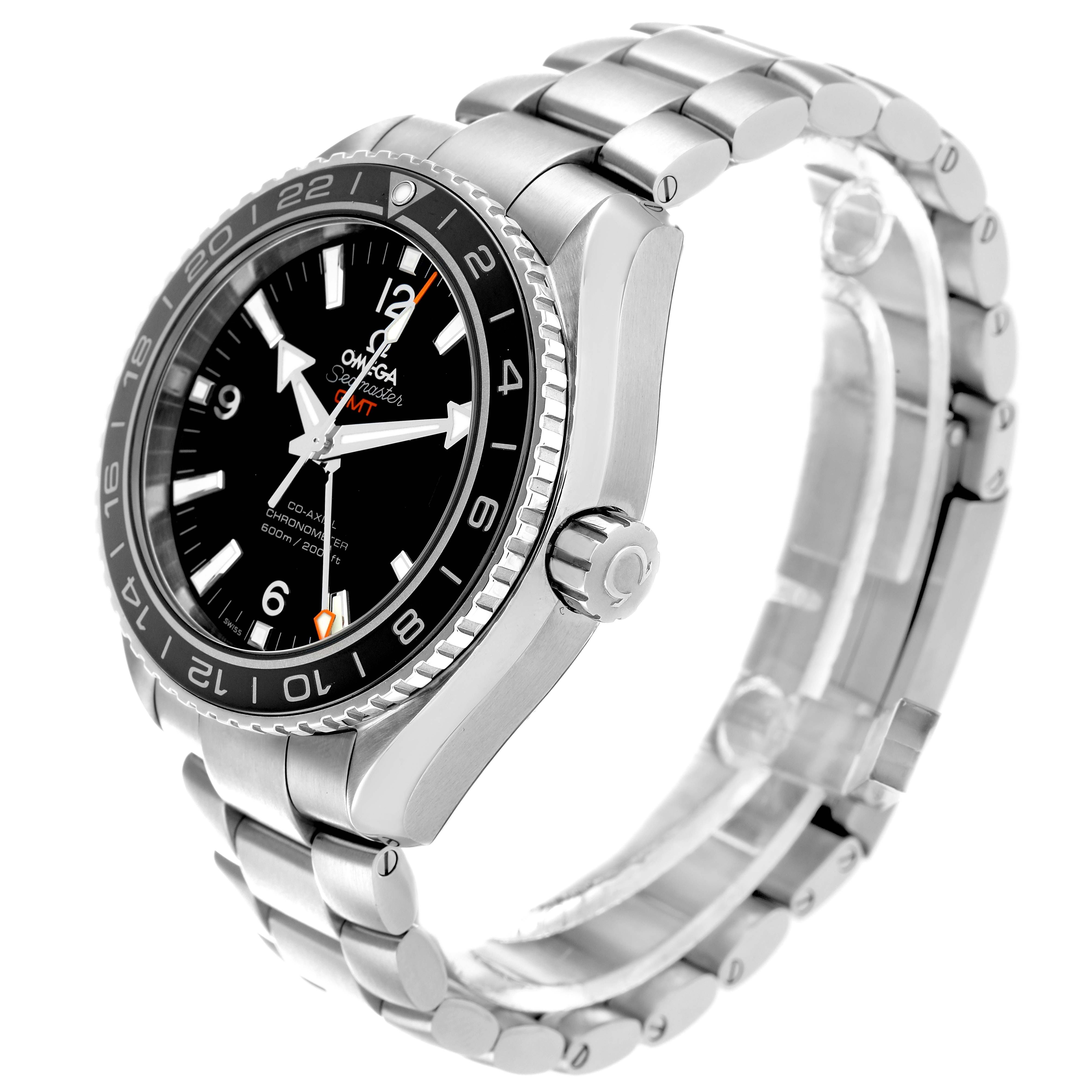 The Omega Planet Ocean 232.30.44.22.01.001 Men
s Stainless Steel Black Dial watch is shown at an angle highlighting the face, crown, and metal bracelet.