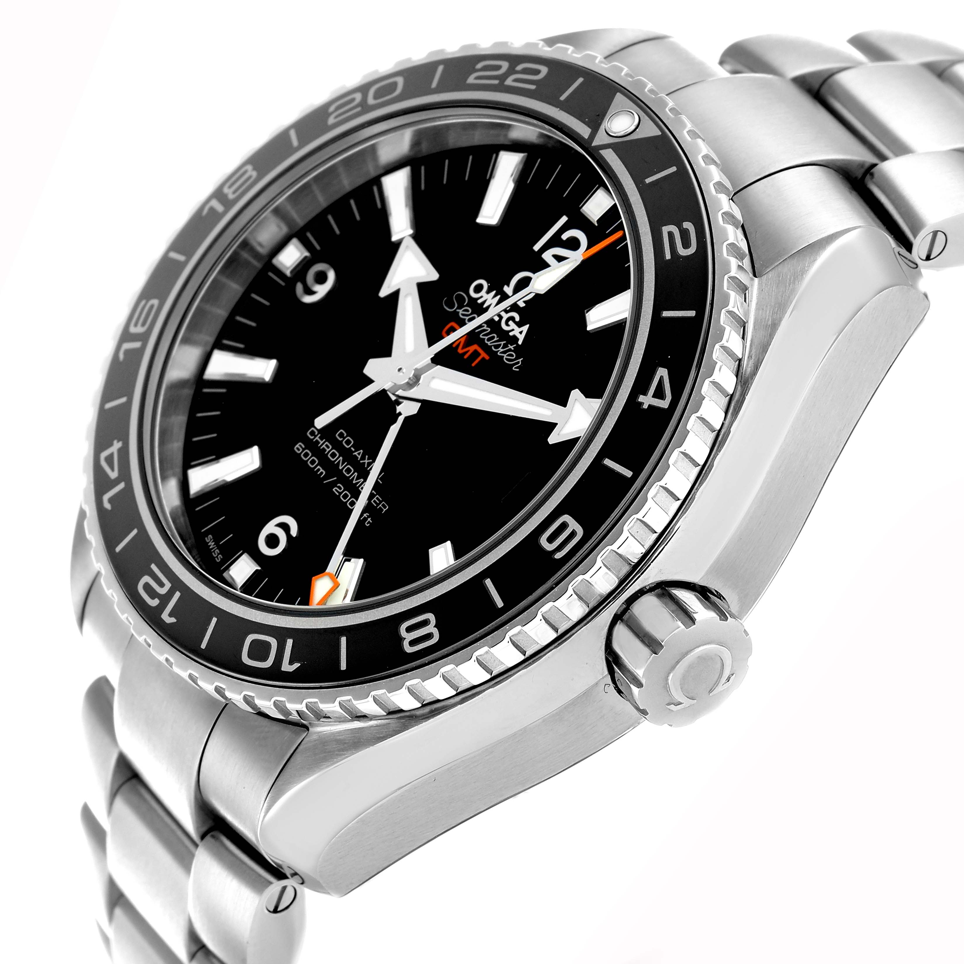 The image shows a side angle of the Omega Planet Ocean 232.30.44.22.01.001 Men
s Stainless Steel Black Dial watch, highlighting the bezel, crown, and bracelet.