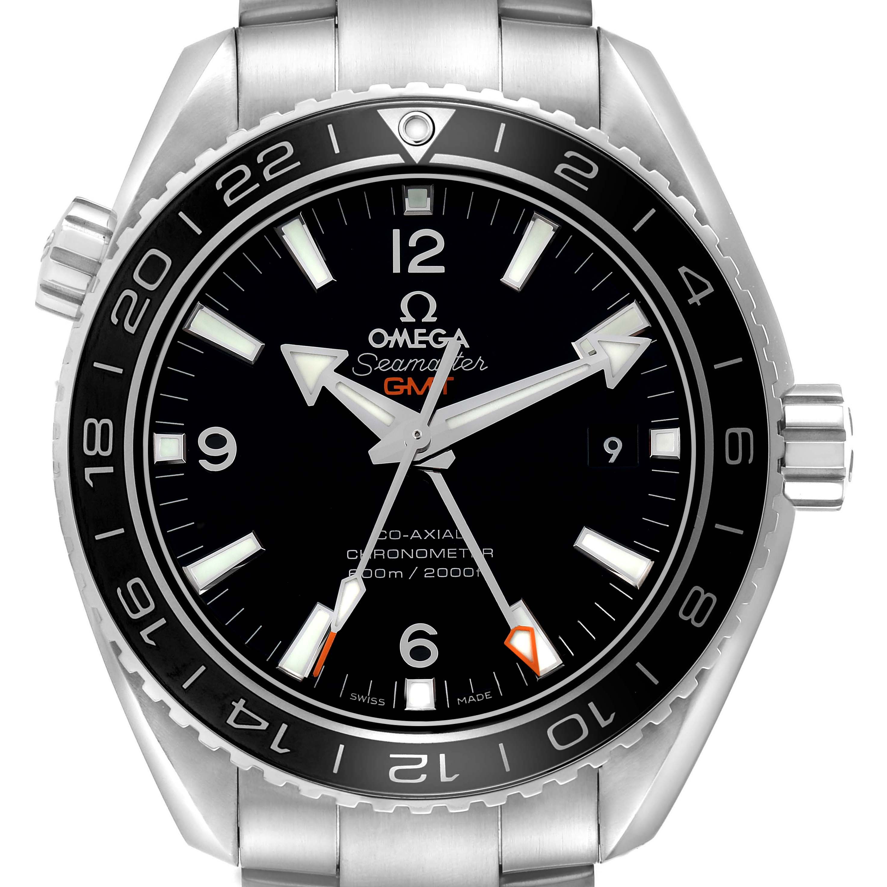 The Omega Planet Ocean 232.30.44.22.01.001 Men
s Stainless Steel Black Dial watch is shown from the front, displaying the dial, hands, and bezel clearly.