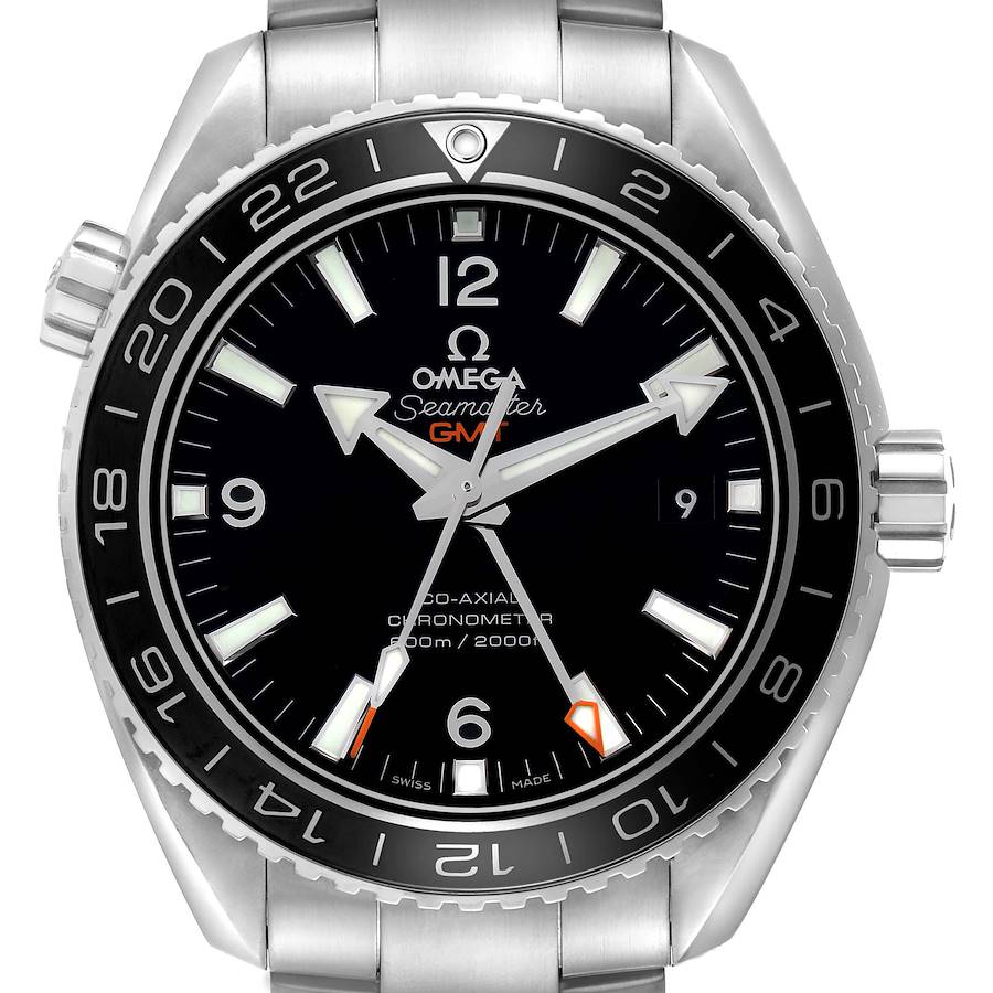 The Omega Planet Ocean 232.30.44.22.01.001 Men's Stainless Steel Black Dial watch is shown from the front, displaying the dial, hands, and bezel clearly.