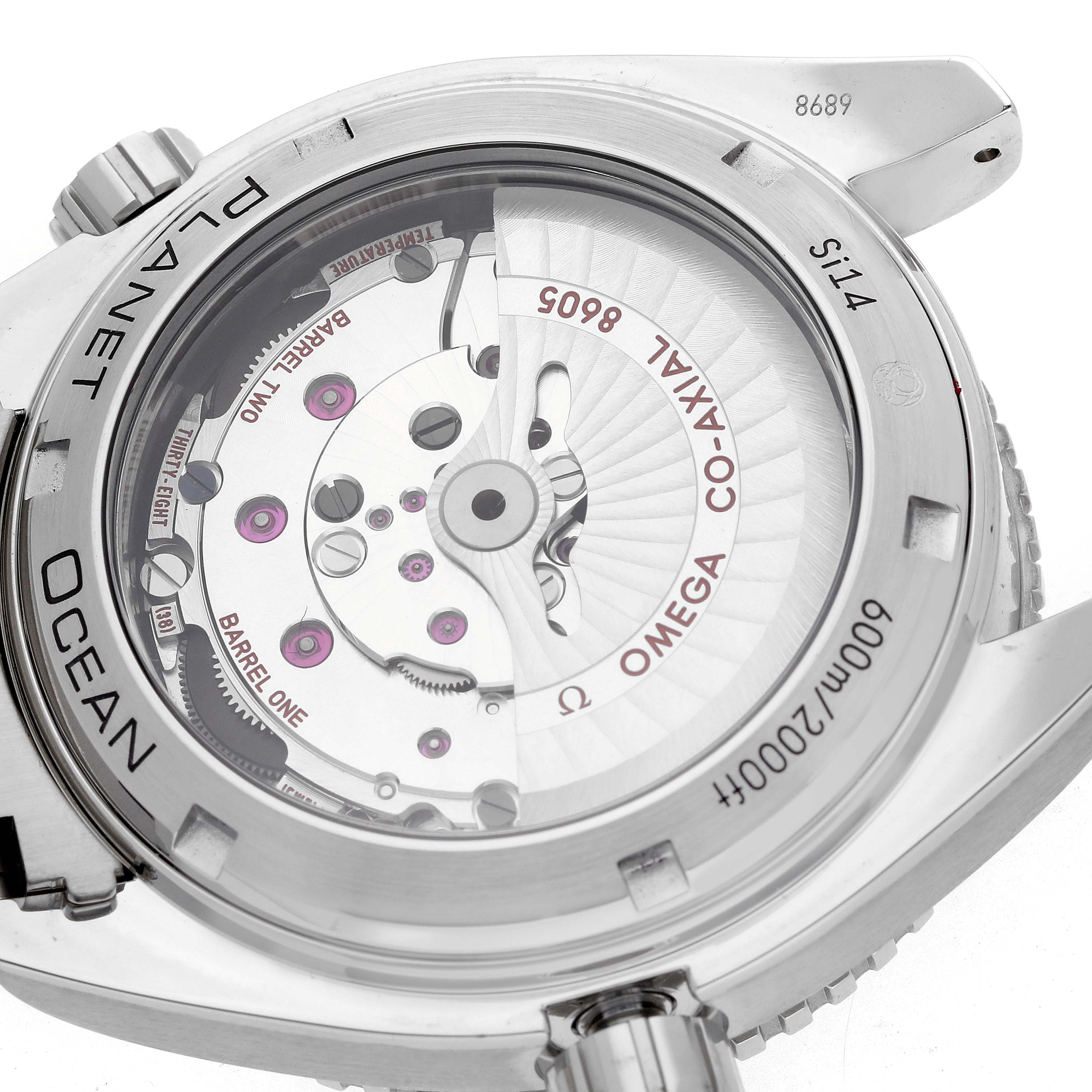 The Omega Planet Ocean 232.30.44.22.01.001 Men
s Stainless Steel Black Dial watch is shown from the back, displaying its intricate movement and co-axial mechanism.