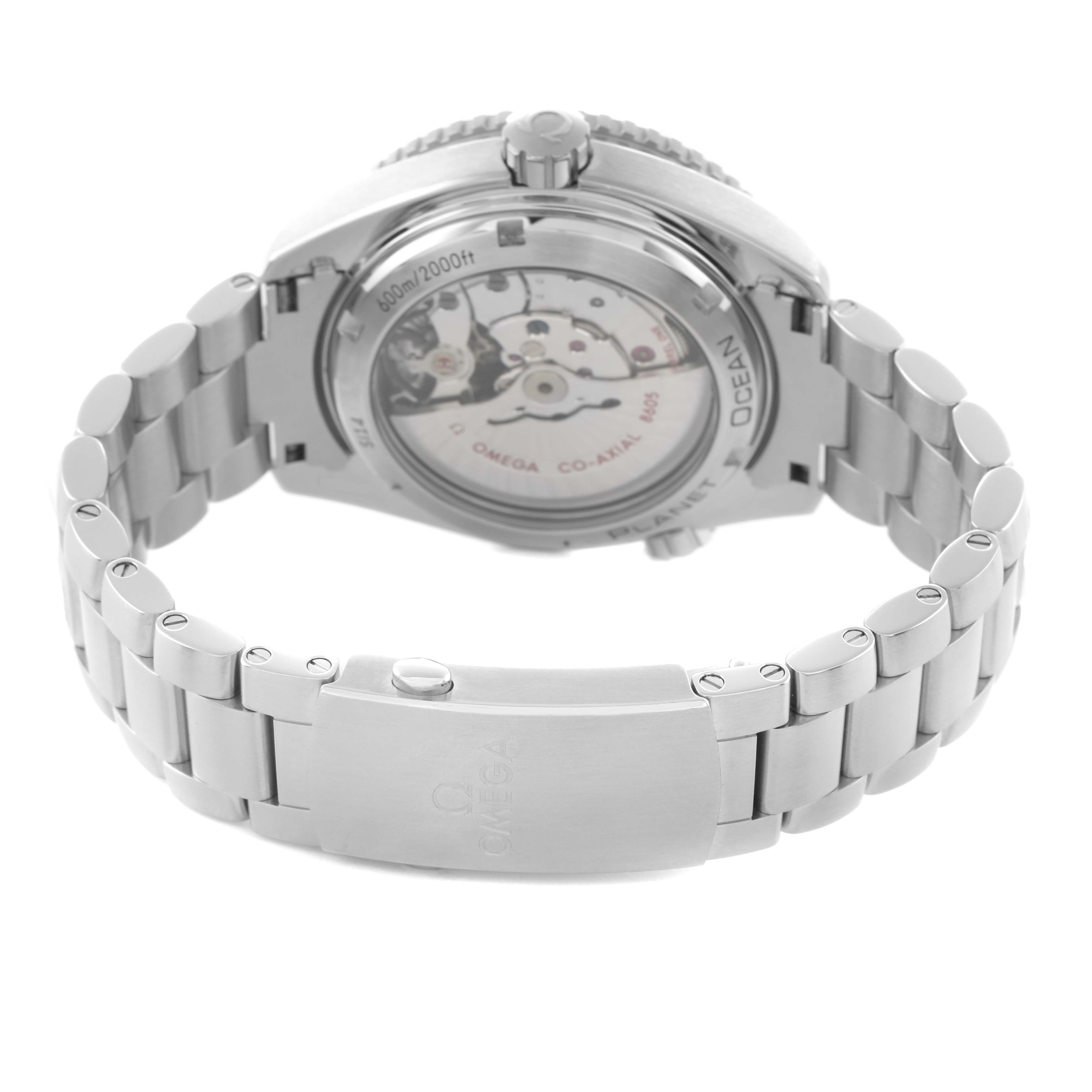 The image shows the back of the Omega Planet Ocean 232.30.44.22.01.001 Men
s Stainless Steel Black Dial, highlighting its stainless steel bracelet and exhibition case back.