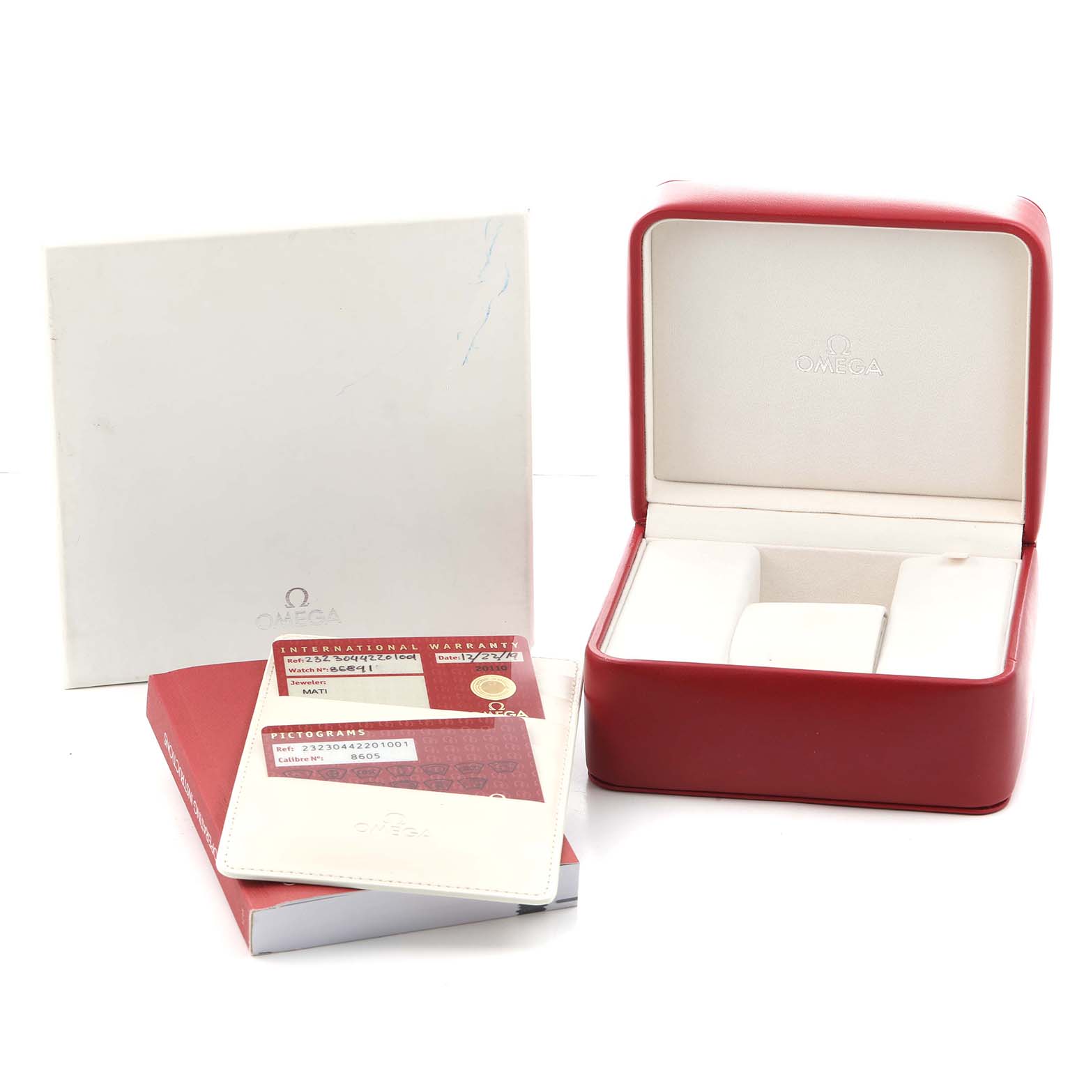 The image shows the Omega Planet Ocean 232.30.44.22.01.001 Men
s Stainless Steel Black Dial watch accessories, including an open red box, warranty card, and manuals from a front angle.