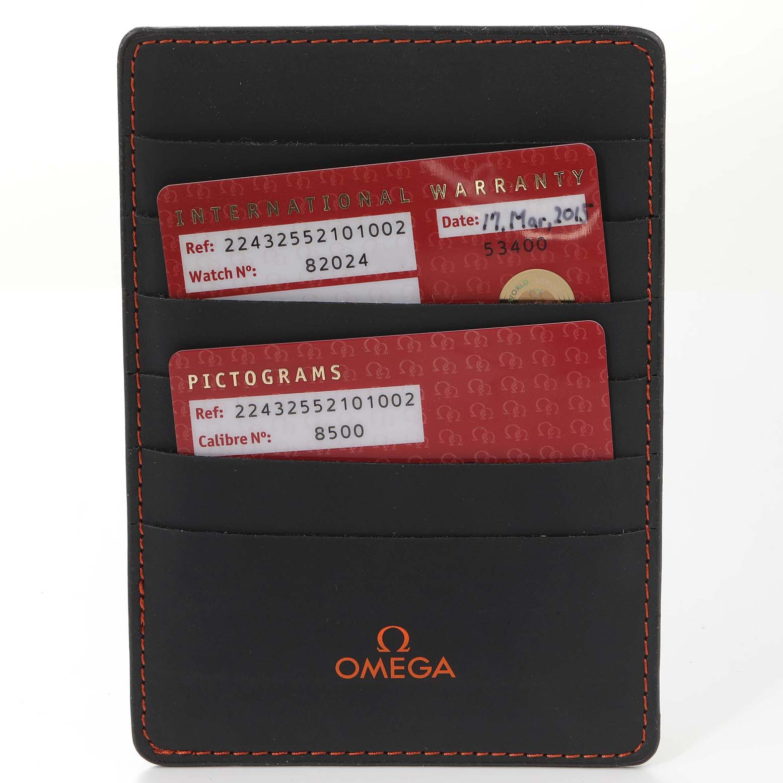 The image shows the warranty and pictogram cards for an Omega Ploprof 224.32.55.21.01.002 Men's Stainless Steel Black Dial 224.32.55.21.01.002 Men's Stainless Steel Black Dial watch inside a black cardholder.