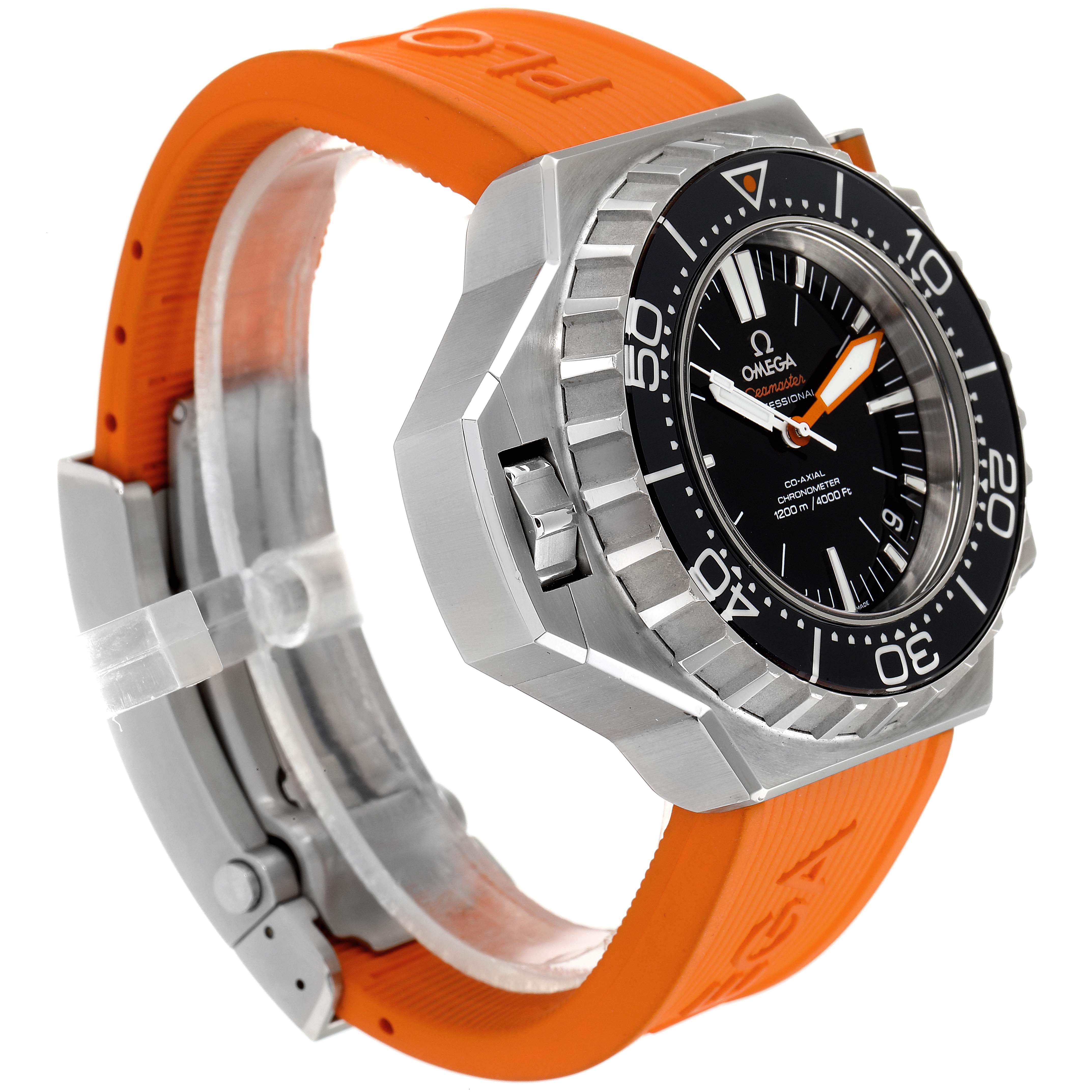 The image shows an Omega Ploprof 224.32.55.21.01.002 Men's Stainless Steel Black Dial 224.32.55.21.01.002 Men's Stainless Steel Black Dial model watch at a three-quarter angle, highlighting its face, bezel, and orange strap.