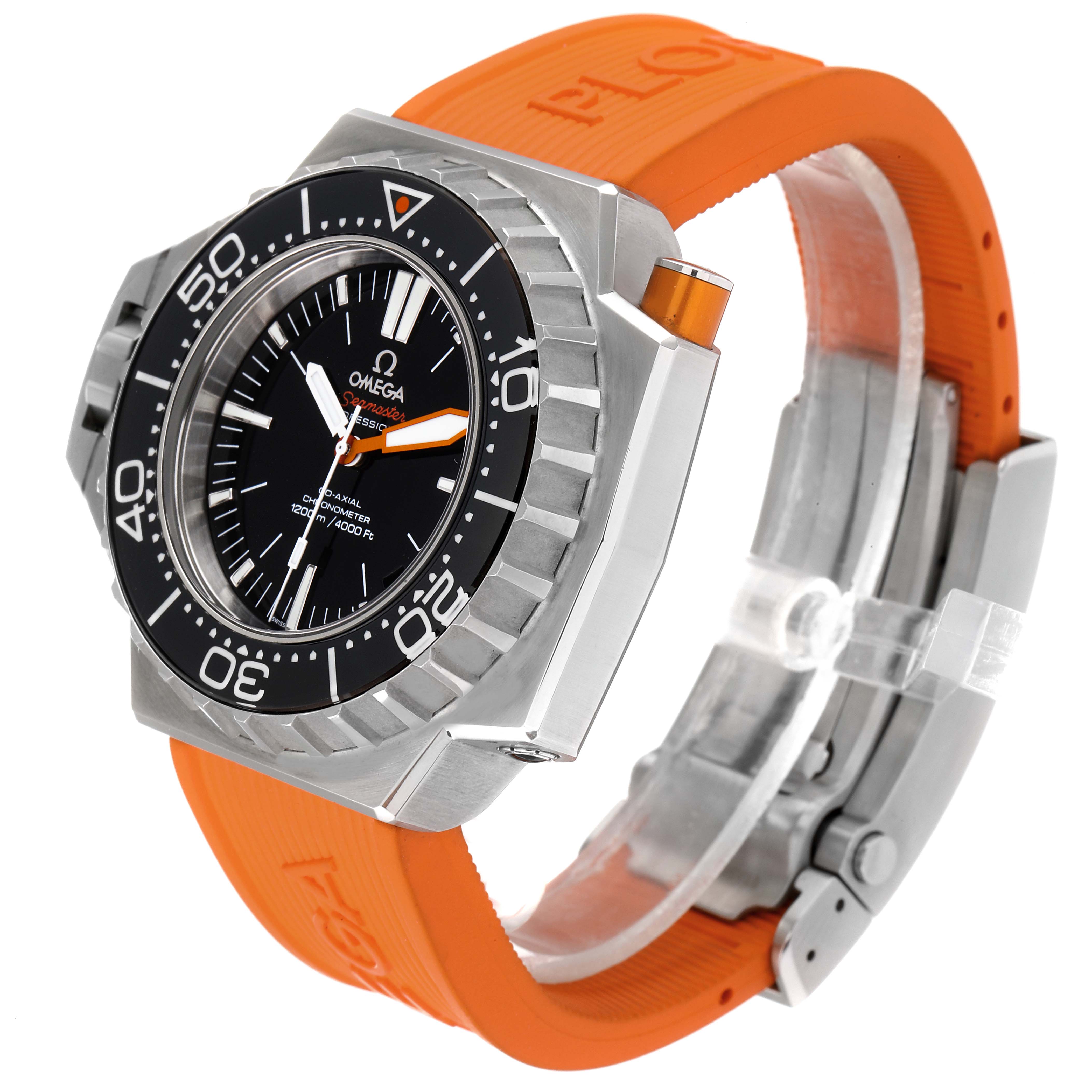 The Omega Ploprof 224.32.55.21.01.002 Men's Stainless Steel Black Dial 224.32.55.21.01.002 Men's Stainless Steel Black Dial model watch is shown at a three-quarter angle, highlighting its orange rubber strap and bezel.