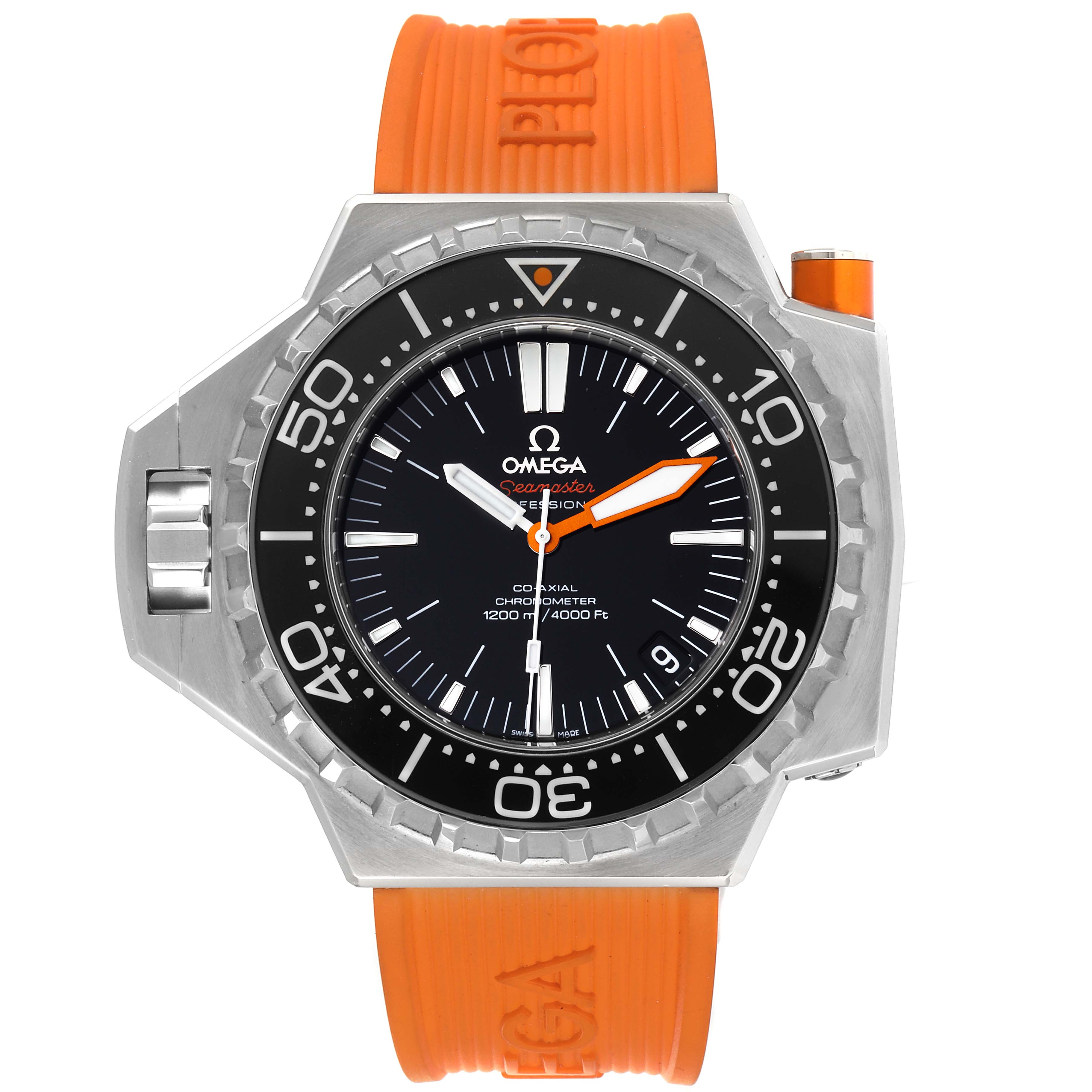 The Omega Ploprof 224.32.55.21.01.002 Men's Stainless Steel Black Dial 224.32.55.21.01.002 Men's Stainless Steel Black Dial model watch is shown from the front, displaying its face, bezel, and orange strap.