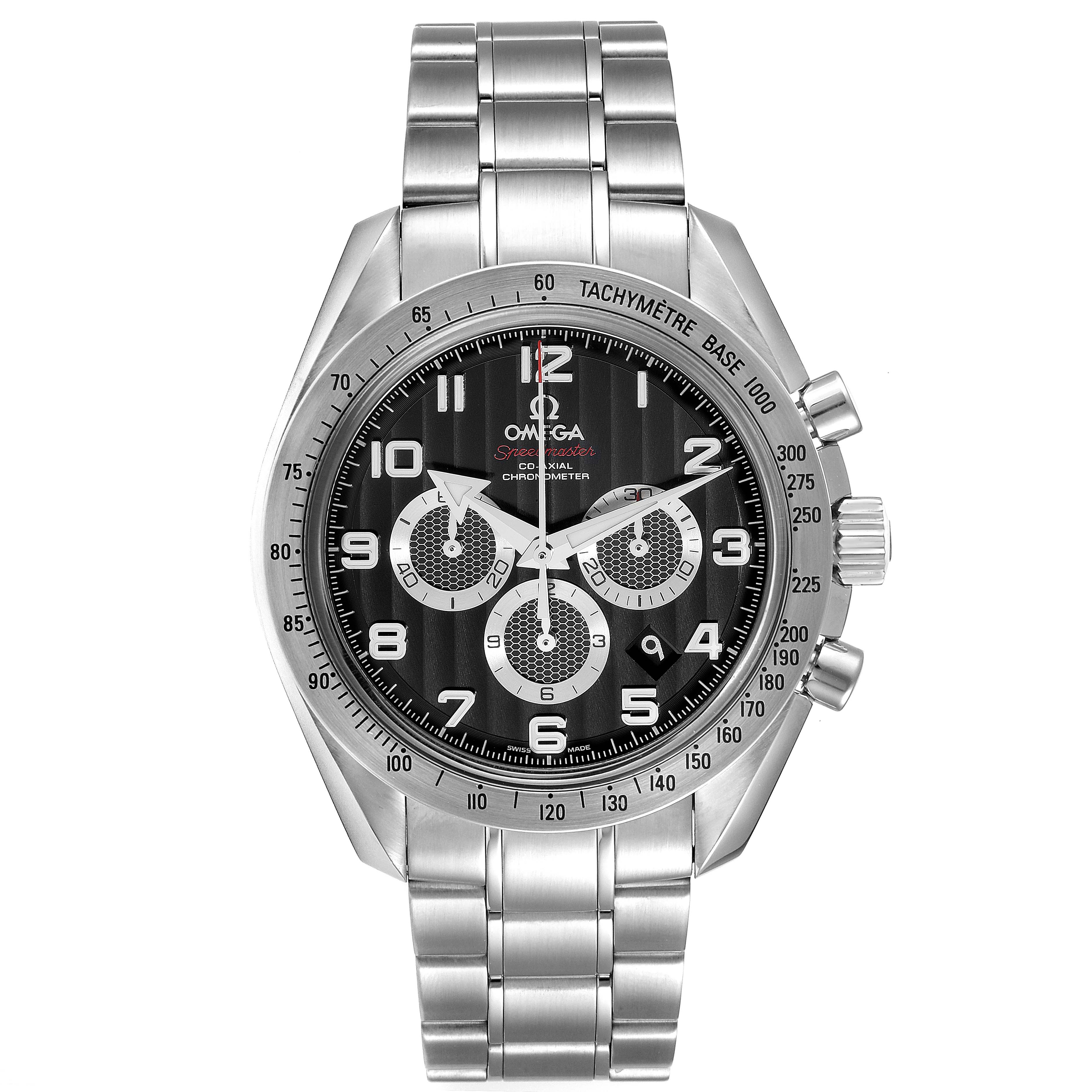 The image shows a frontal view of the Omega Speedmaster 321.10.44.50.01.001 Men
s Stainless Steel Black Dial 321.10.44.50.01.001 Men
s Stainless Steel Black Dial watch, highlighting its face, bezel, and stainless steel bracelet.