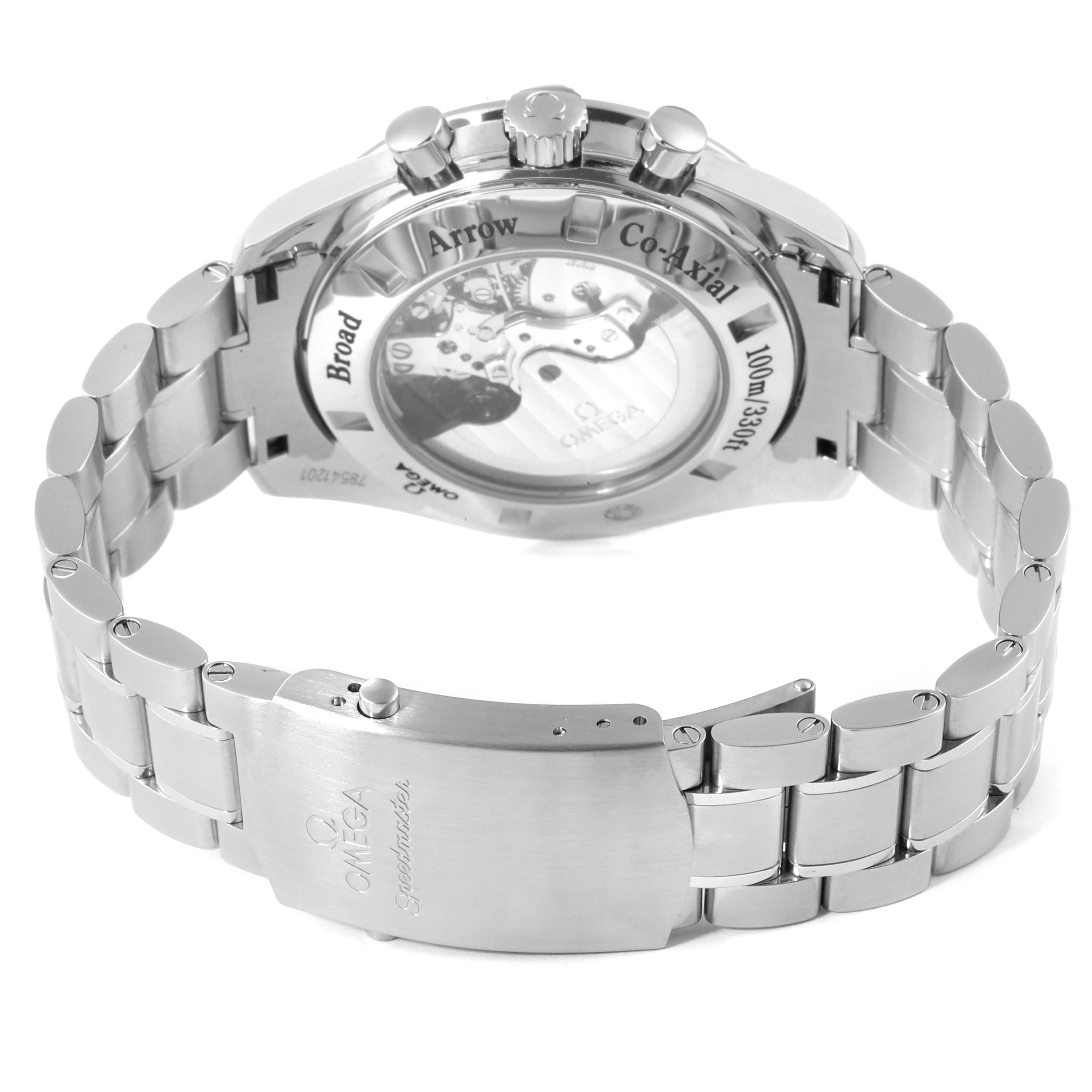 The image shows the case back and stainless steel bracelet of the Omega Speedmaster 321.10.44.50.01.001 Men
s Stainless Steel Black Dial 321.10.44.50.01.001 Men
s Stainless Steel Black Dial watch from a rear angle.