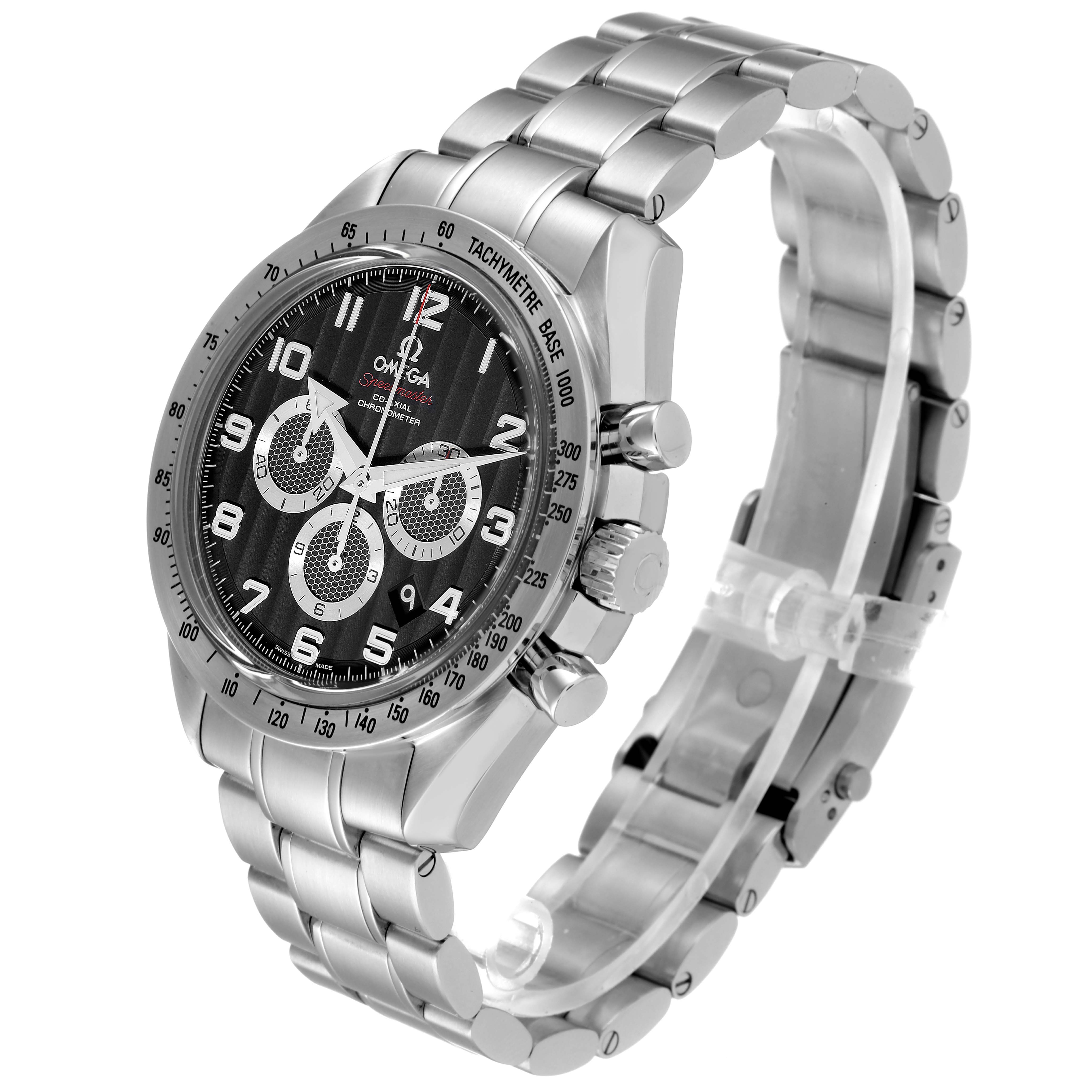 The image shows a three-quarter angle view of the Omega Speedmaster 321.10.44.50.01.001 Men
s Stainless Steel Black Dial 321.10.44.50.01.001 Men
s Stainless Steel Black Dial watch, highlighting its face, bezel, and stainless steel bracelet.