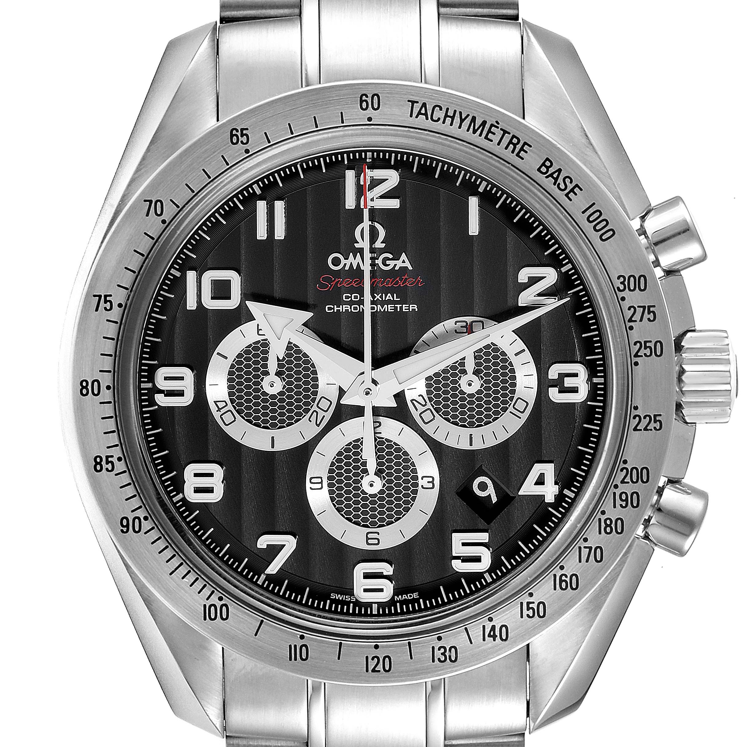 The Omega Speedmaster 321.10.44.50.01.001 Men
s Stainless Steel Black Dial 321.10.44.50.01.001 Men
s Stainless Steel Black Dial watch is shown from a front angle, displaying the dial, hands, and tachymeter bezel.