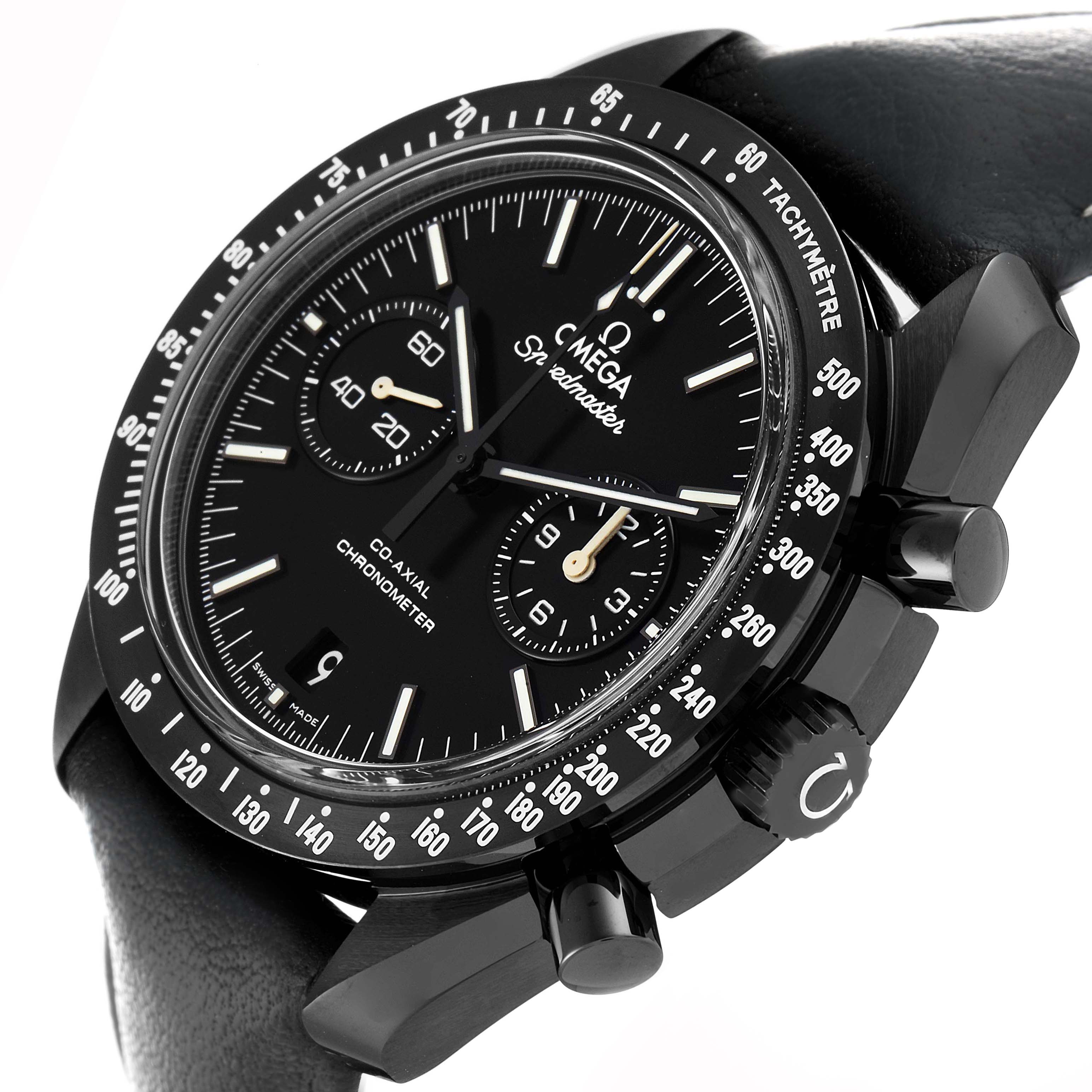 The Omega Speedmaster O311.92.44.51.01.003 Men
s Ceramic Black Dial watch is shown at an angle highlighting the face, bezel, side buttons, and crown.