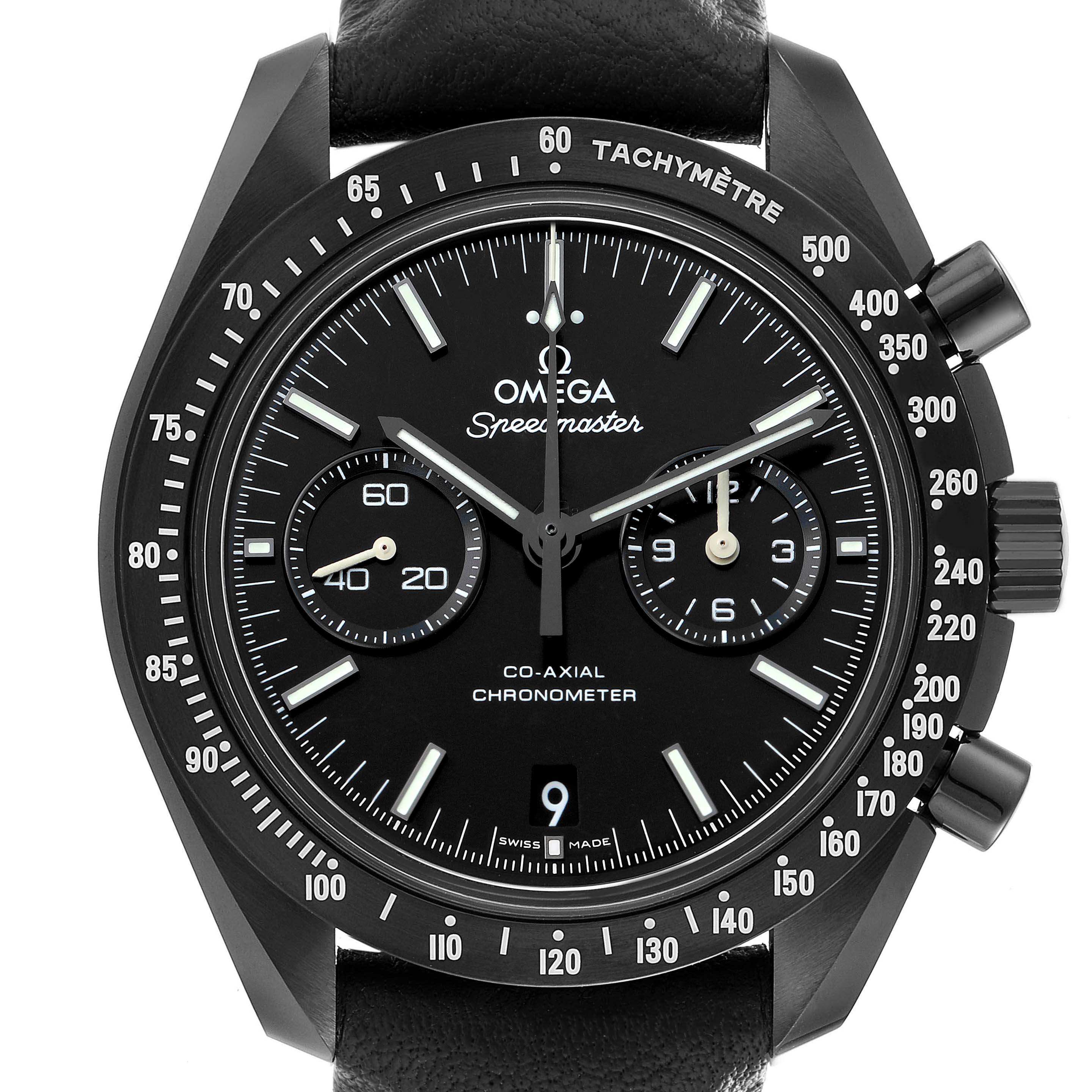 The Omega Speedmaster O311.92.44.51.01.003 Men
s Ceramic Black Dial watch is shown from the front, highlighting the dial, subdials, bezel, hands, and crown.