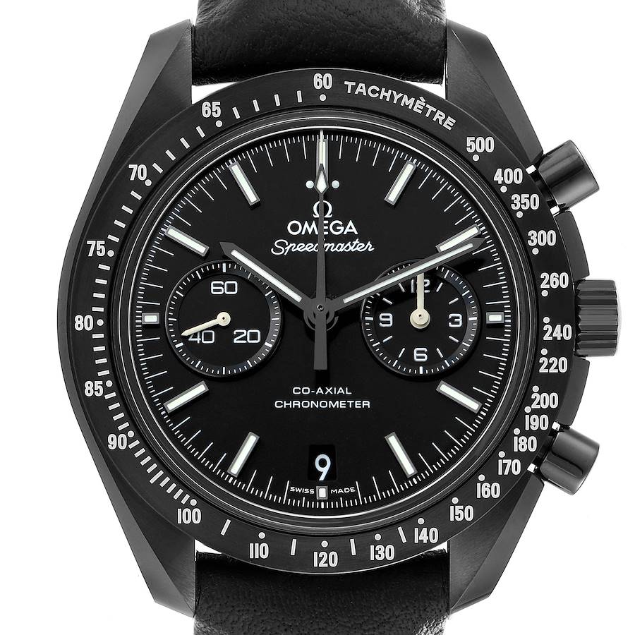 The Omega Speedmaster O311.92.44.51.01.003 Men's Ceramic Black Dial watch is shown from the front, highlighting the dial, subdials, bezel, hands, and crown.