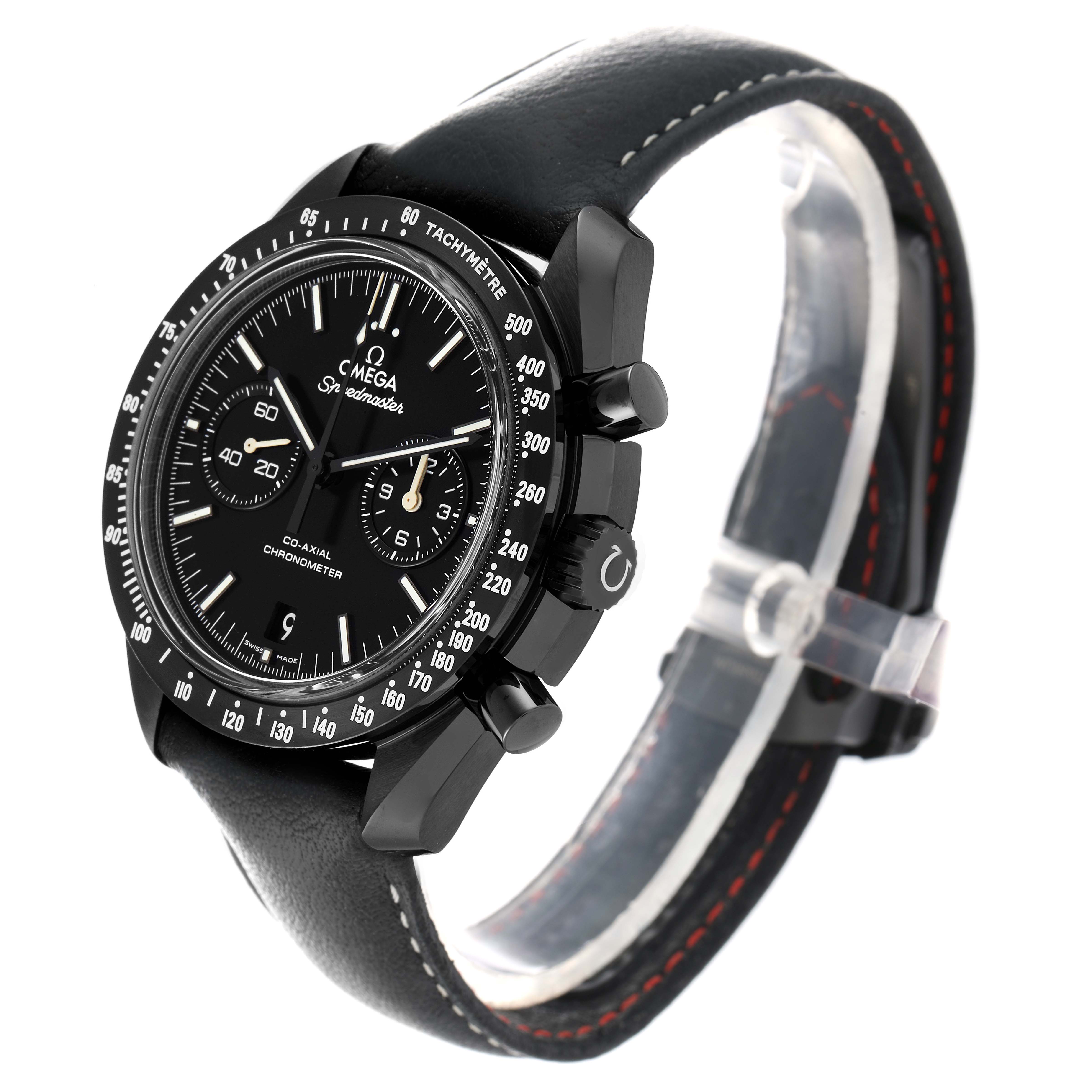 The Omega Speedmaster O311.92.44.51.01.003 Men
s Ceramic Black Dial watch is angled to show the dial, bezel, pushers, crown, and leather strap.