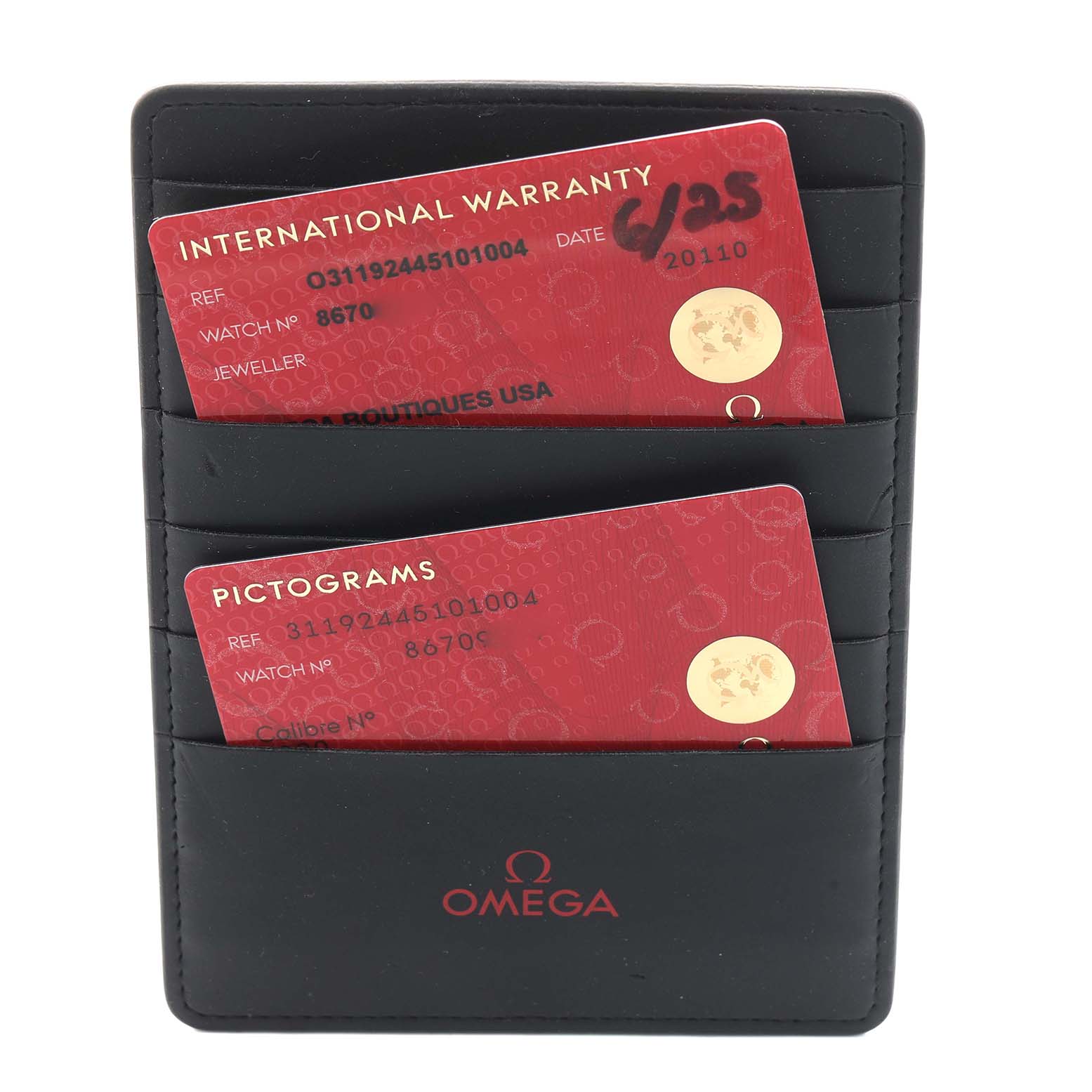The image shows Omega Speedmaster O311.92.44.51.01.003 Men
s Ceramic Black Dial
s accessories with two warranty cards in a black Omega-branded cardholder, viewed from the front.