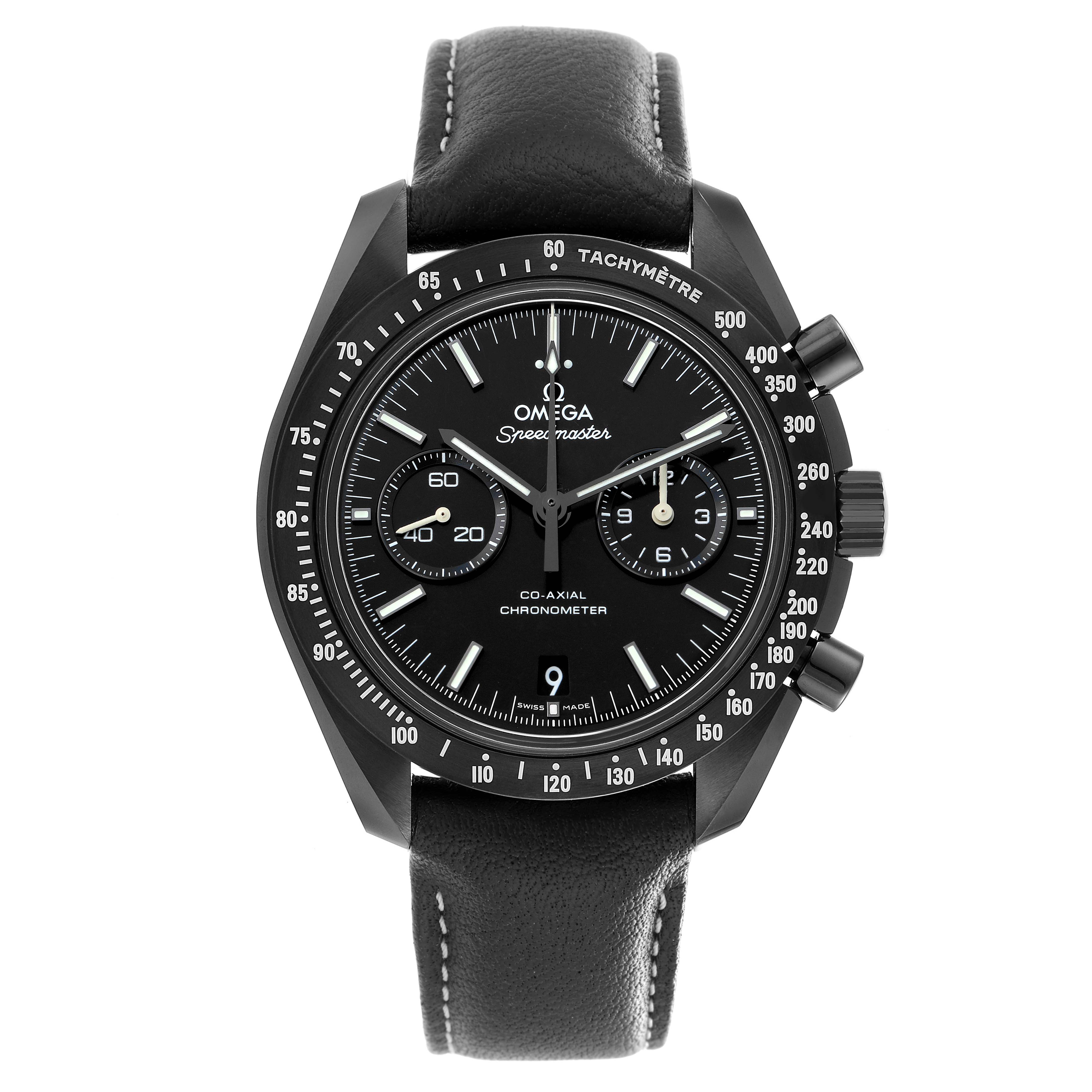 The Omega Speedmaster O311.92.44.51.01.003 Men
s Ceramic Black Dial watch is shown from the front, highlighting the dial, bezel, subdials, and pushers.