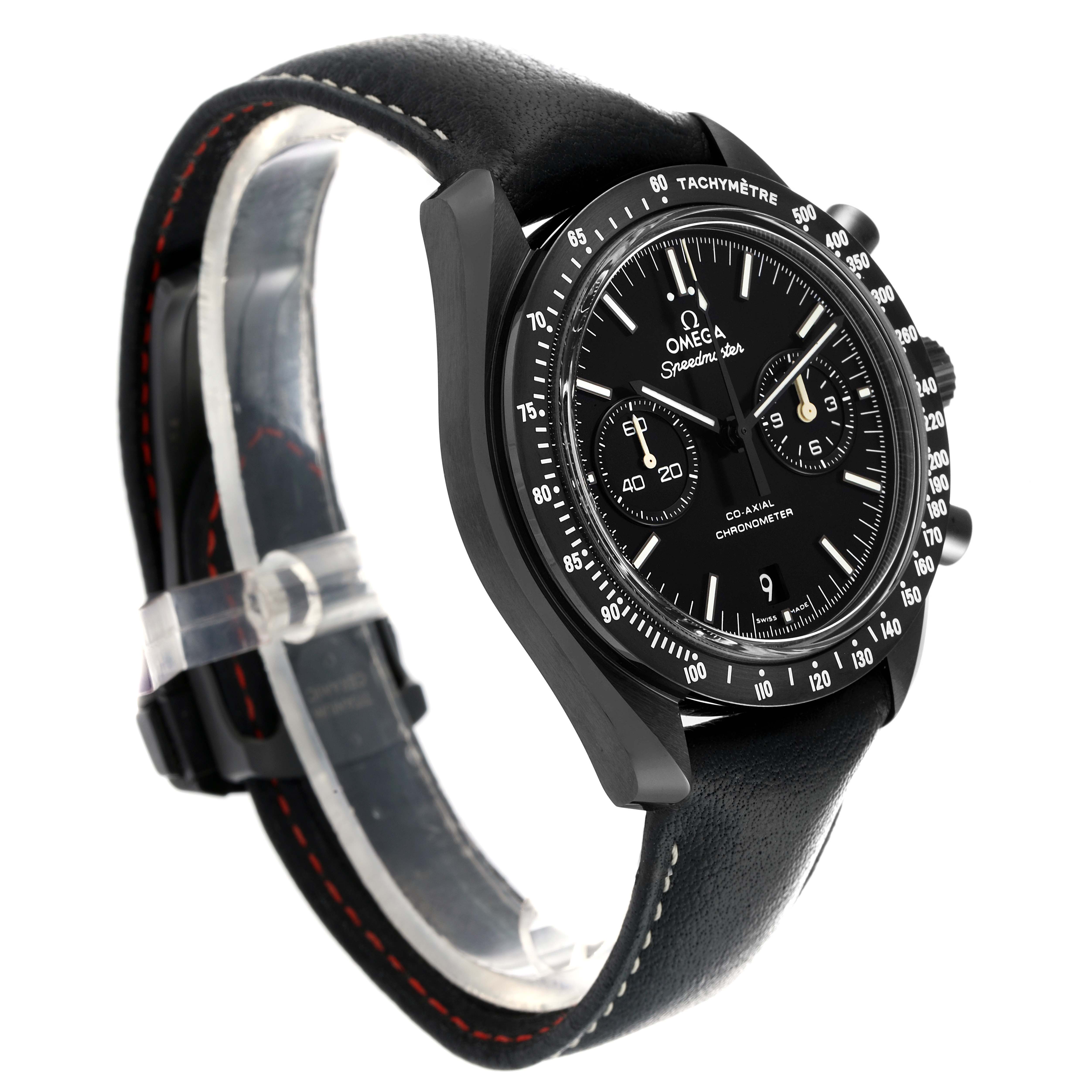 The Omega Speedmaster O311.92.44.51.01.003 Men
s Ceramic Black Dial watch is shown at a three-quarter angle, highlighting the dial, bezel, and leather strap.