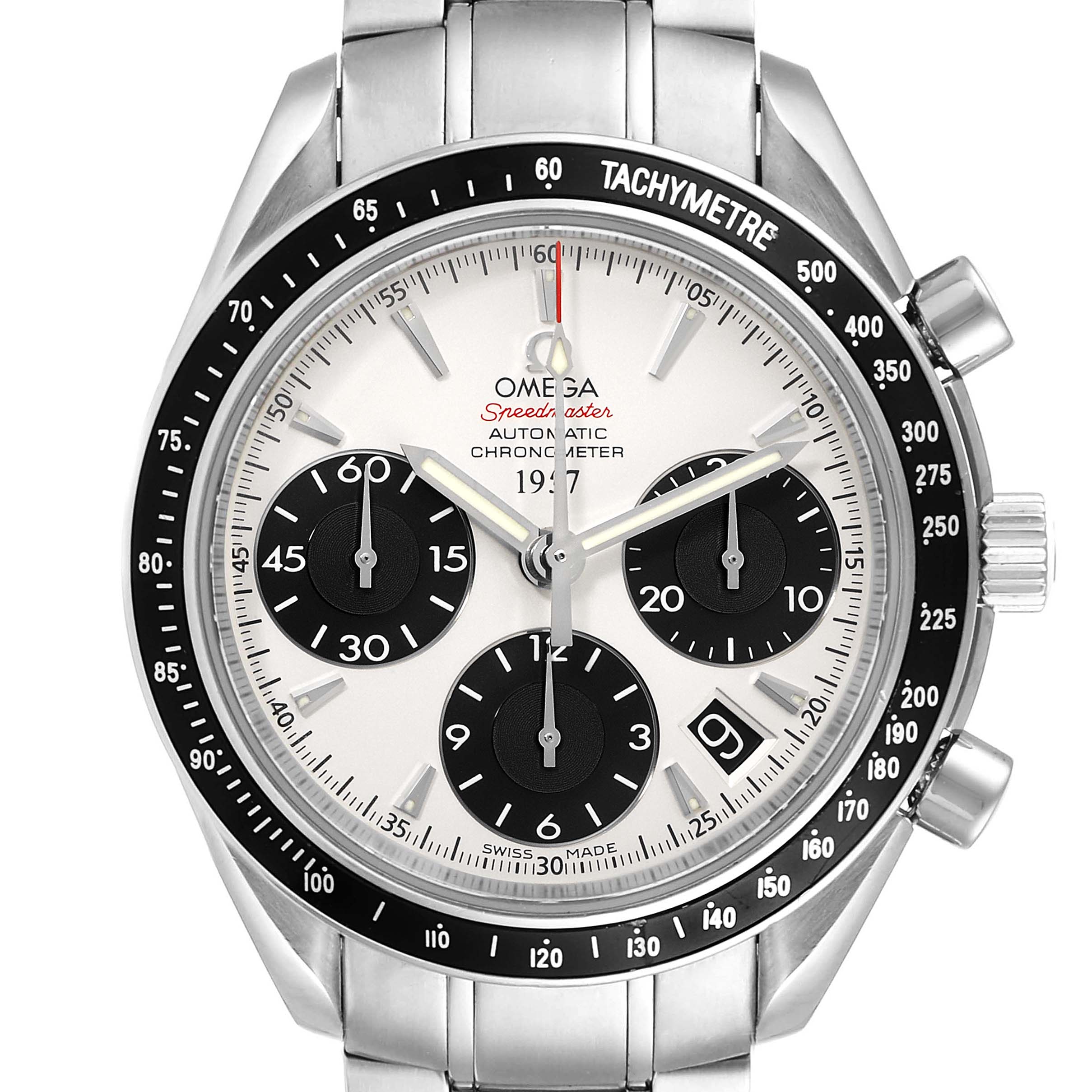 The image shows a front view of an Omega Speedmaster 323.30.40.40.02.001 Men's Stainless Steel White Dial 323.30.40.40.02.001 Men's Stainless Steel White Dial watch, displaying its dial, chronograph subdials, and tachymeter bezel.