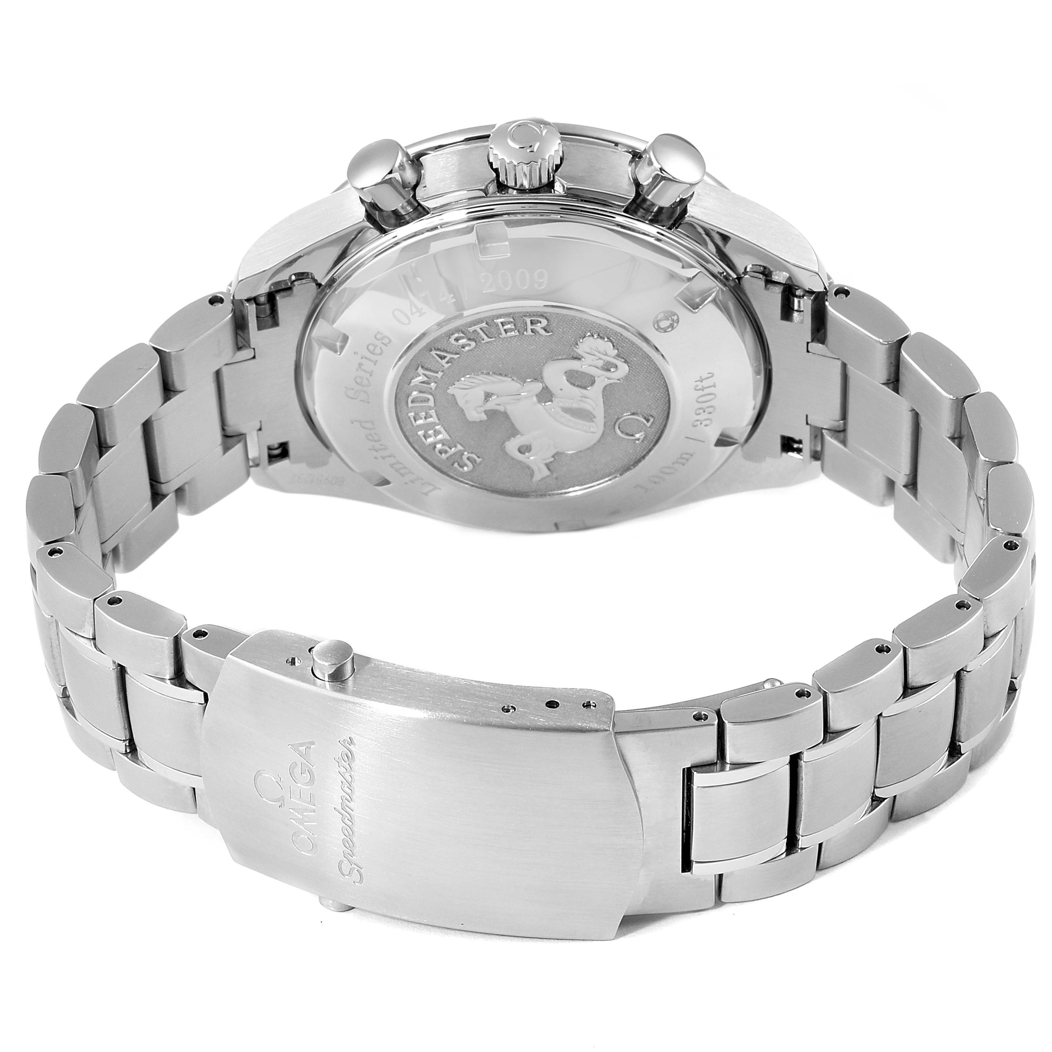 The image shows the back and clasp of an Omega Speedmaster 323.30.40.40.02.001 Men's Stainless Steel White Dial 323.30.40.40.02.001 Men's Stainless Steel White Dial watch from a rear angle.
