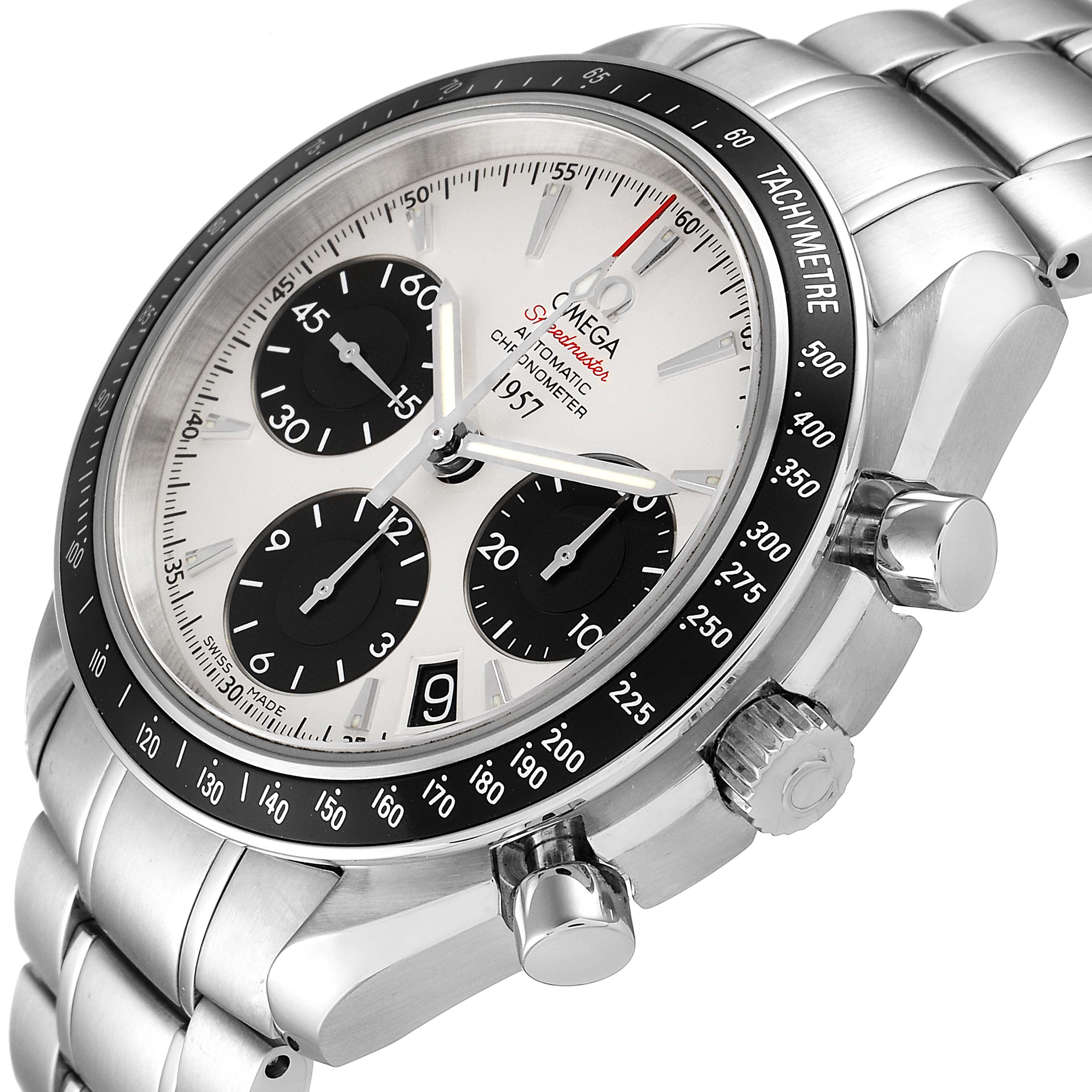 The watch is shown at an angled close-up, featuring the Omega Speedmaster 323.30.40.40.02.001 Men's Stainless Steel White Dial 323.30.40.40.02.001 Men's Stainless Steel White Dial's face, chronograph dials, and part of the stainless steel bracelet.