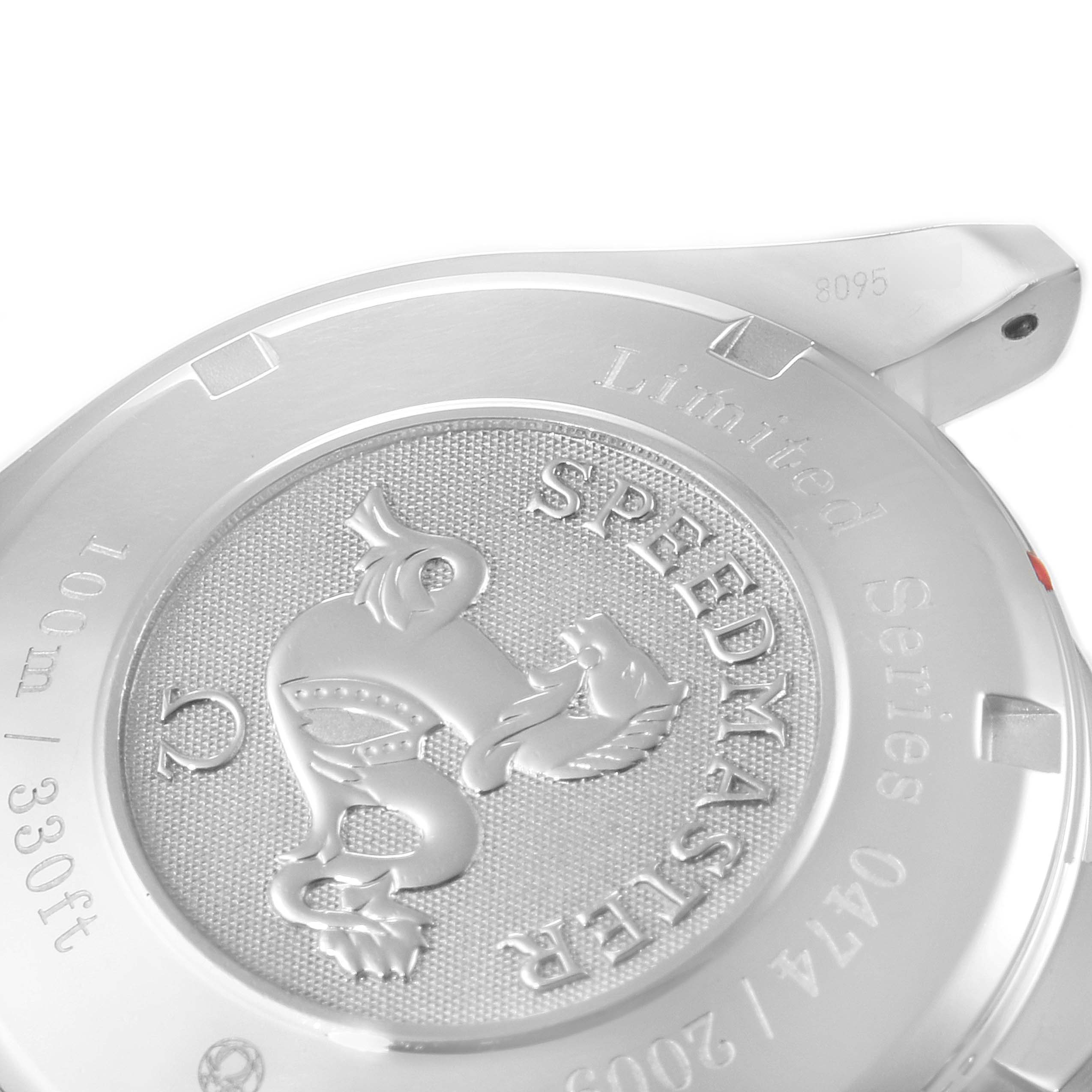 The image shows the back case of an Omega Speedmaster 323.30.40.40.02.001 Men's Stainless Steel White Dial 323.30.40.40.02.001 Men's Stainless Steel White Dial watch, highlighting its limited series engraving.