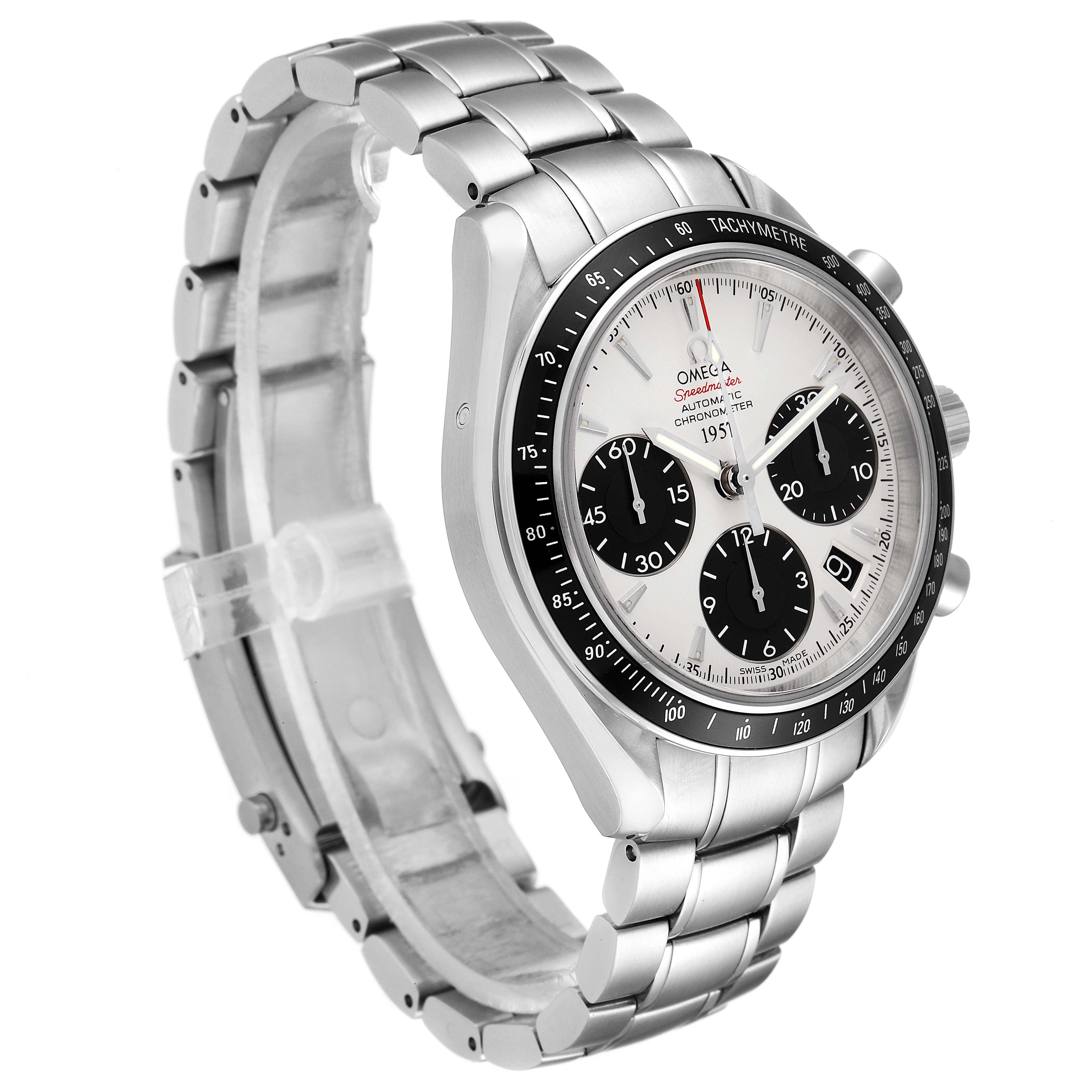 The image shows an Omega Speedmaster 323.30.40.40.02.001 Men's Stainless Steel White Dial 323.30.40.40.02.001 Men's Stainless Steel White Dial watch angled to display its face, tachymeter bezel, and stainless steel bracelet.