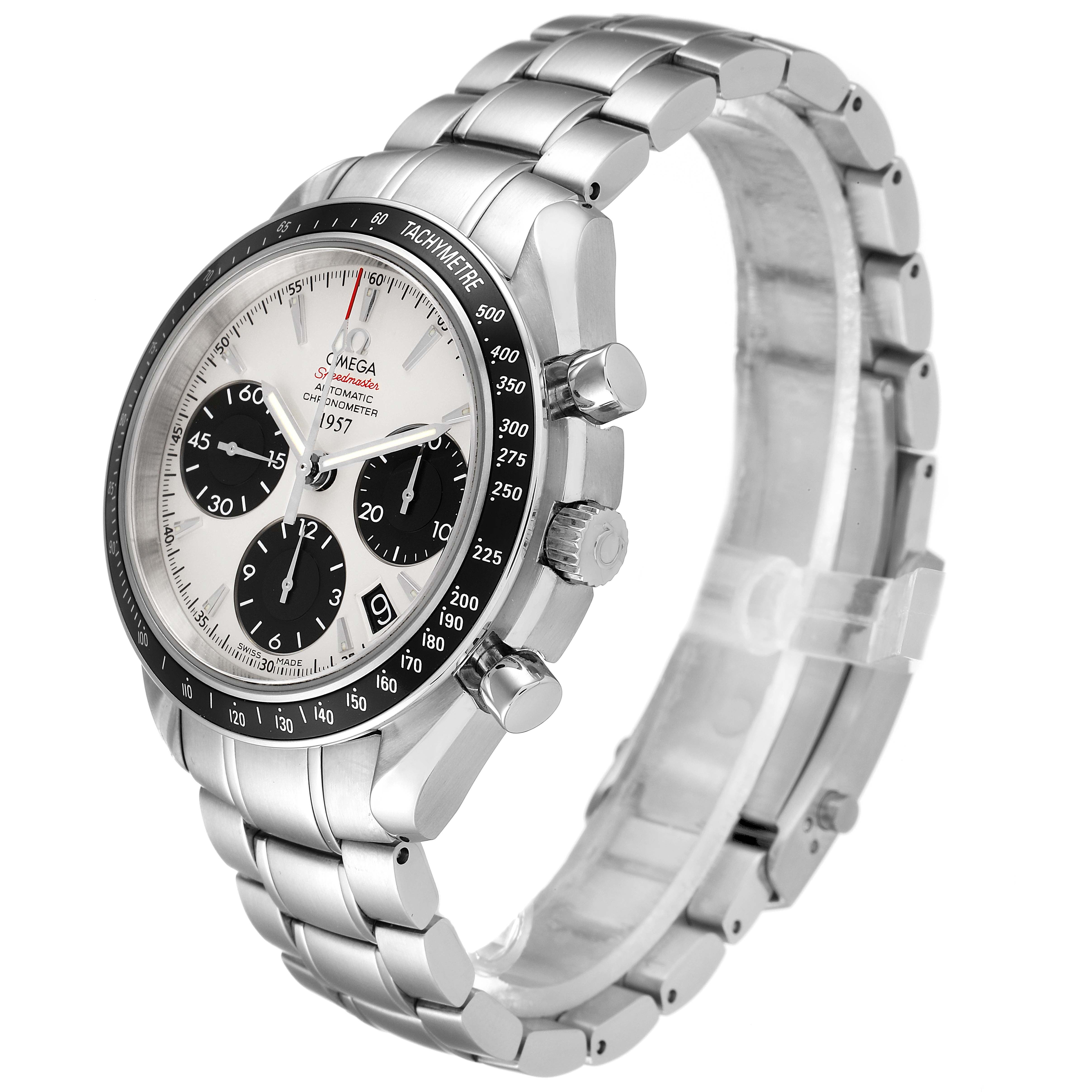 This image shows an Omega Speedmaster 323.30.40.40.02.001 Men's Stainless Steel White Dial 323.30.40.40.02.001 Men's Stainless Steel White Dial watch at a three-quarter angle, highlighting the face, bezel, case, and metal bracelet.