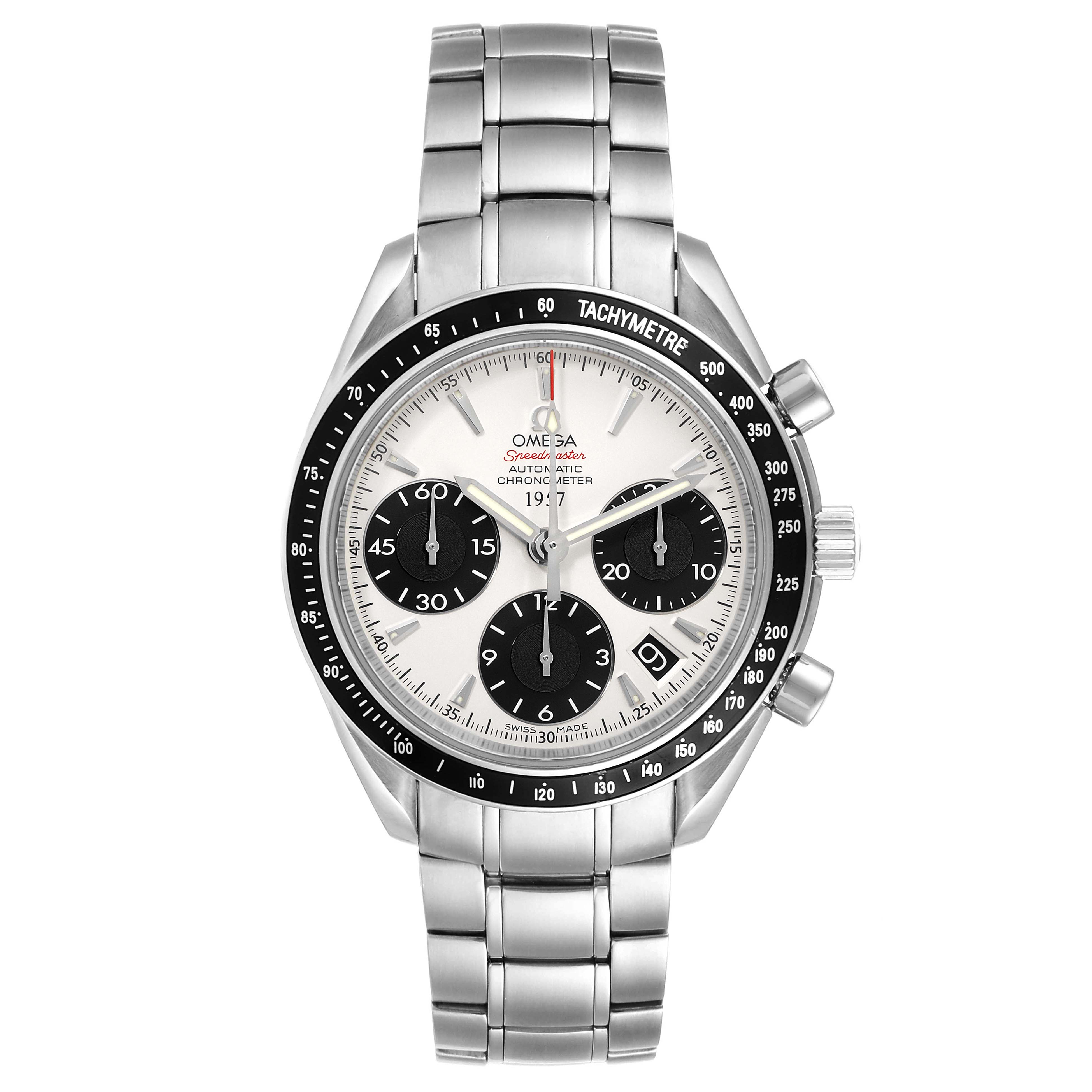 The Omega Speedmaster 323.30.40.40.02.001 Men's Stainless Steel White Dial 323.30.40.40.02.001 Men's Stainless Steel White Dial watch is shown from the front, displaying the dial and stainless steel bracelet.
