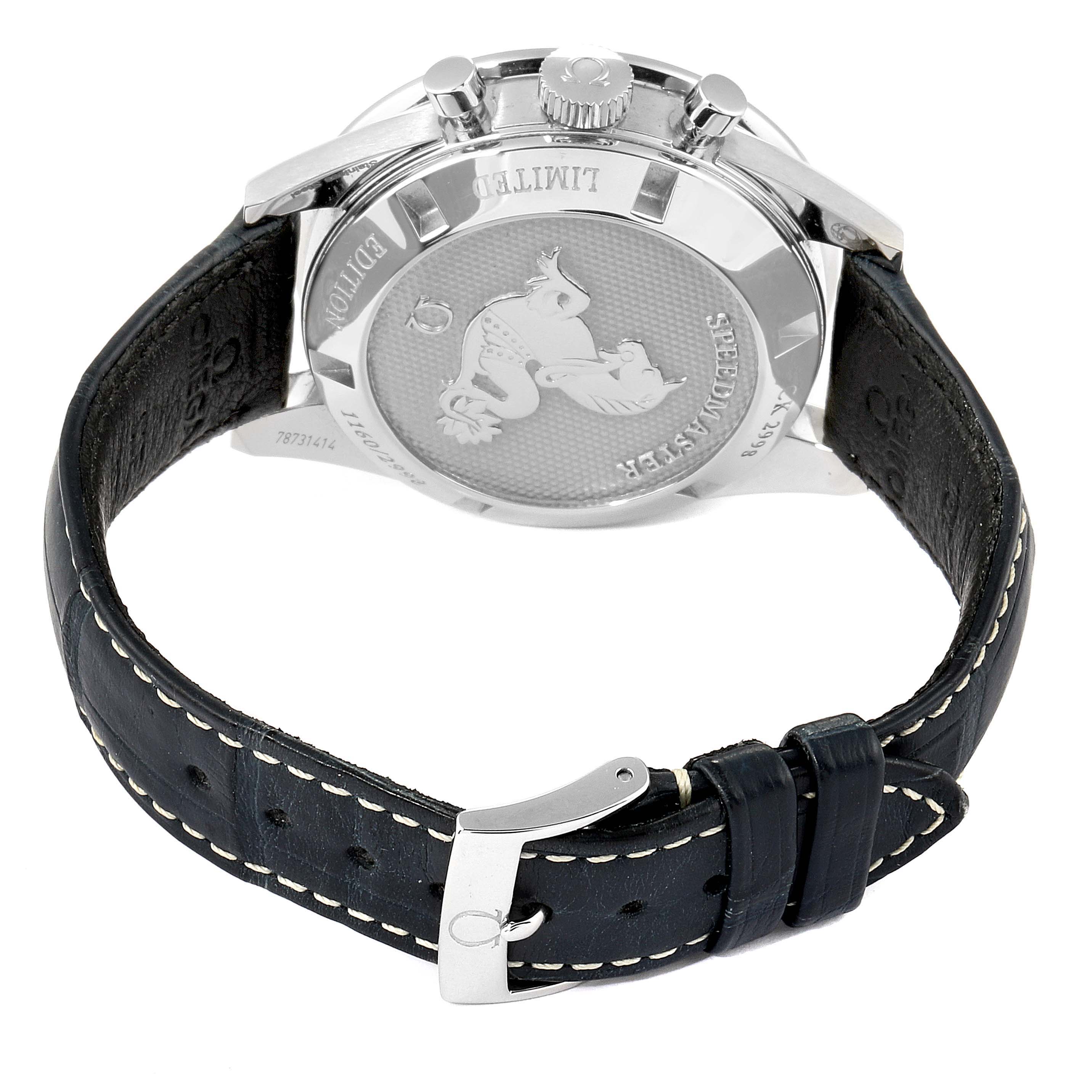 This image shows the back case and strap of an Omega Speedmaster 311.33.40.30.02.001 Men's Stainless Steel Silver Dial 311.33.40.30.02.001 Men's Stainless Steel Silver Dial watch at an angle emphasizing the rear and side.