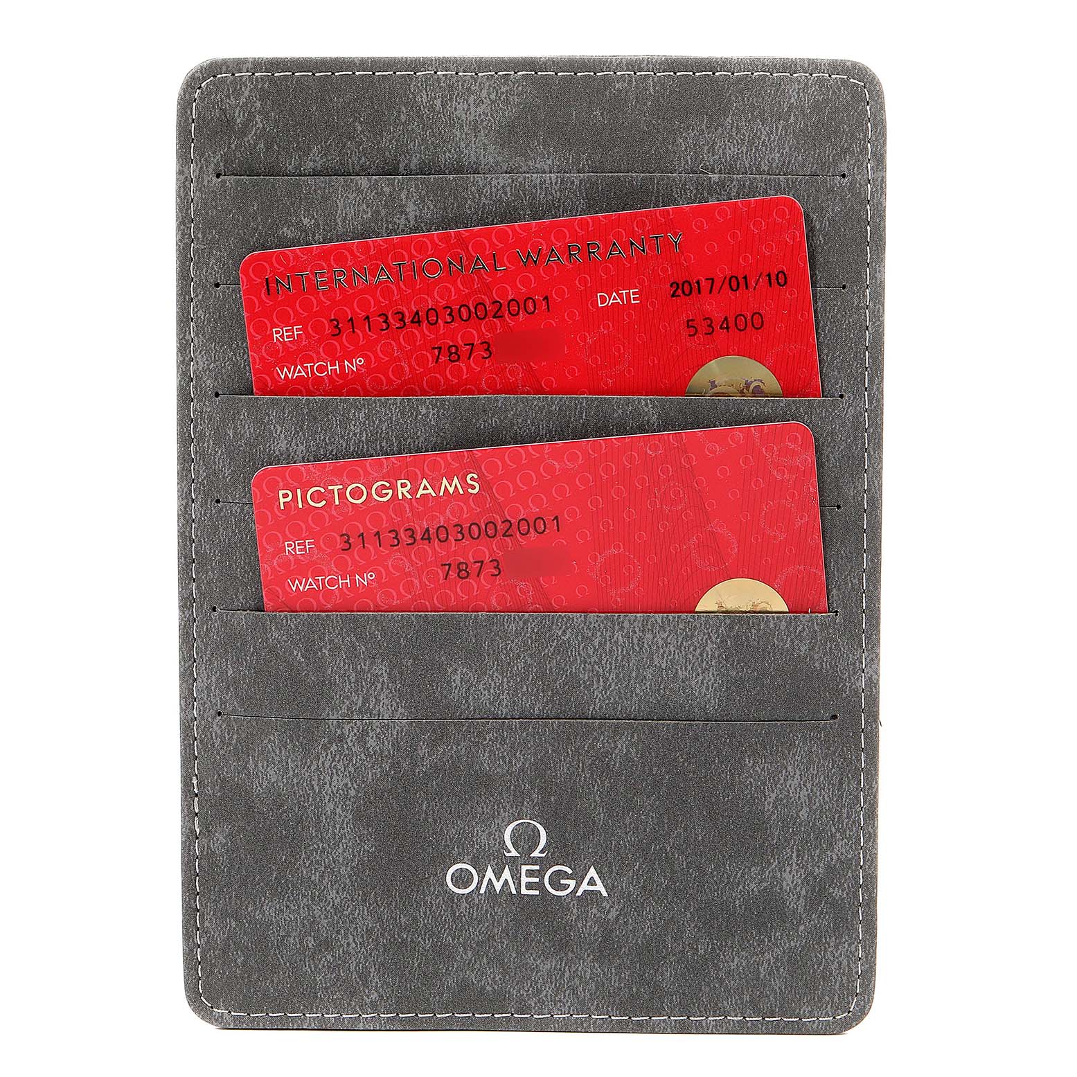 The image shows a grey wallet containing red International Warranty and Pictograms cards for an Omega Speedmaster 311.33.40.30.02.001 Men's Stainless Steel Silver Dial 311.33.40.30.02.001 Men's Stainless Steel Silver Dial watch.