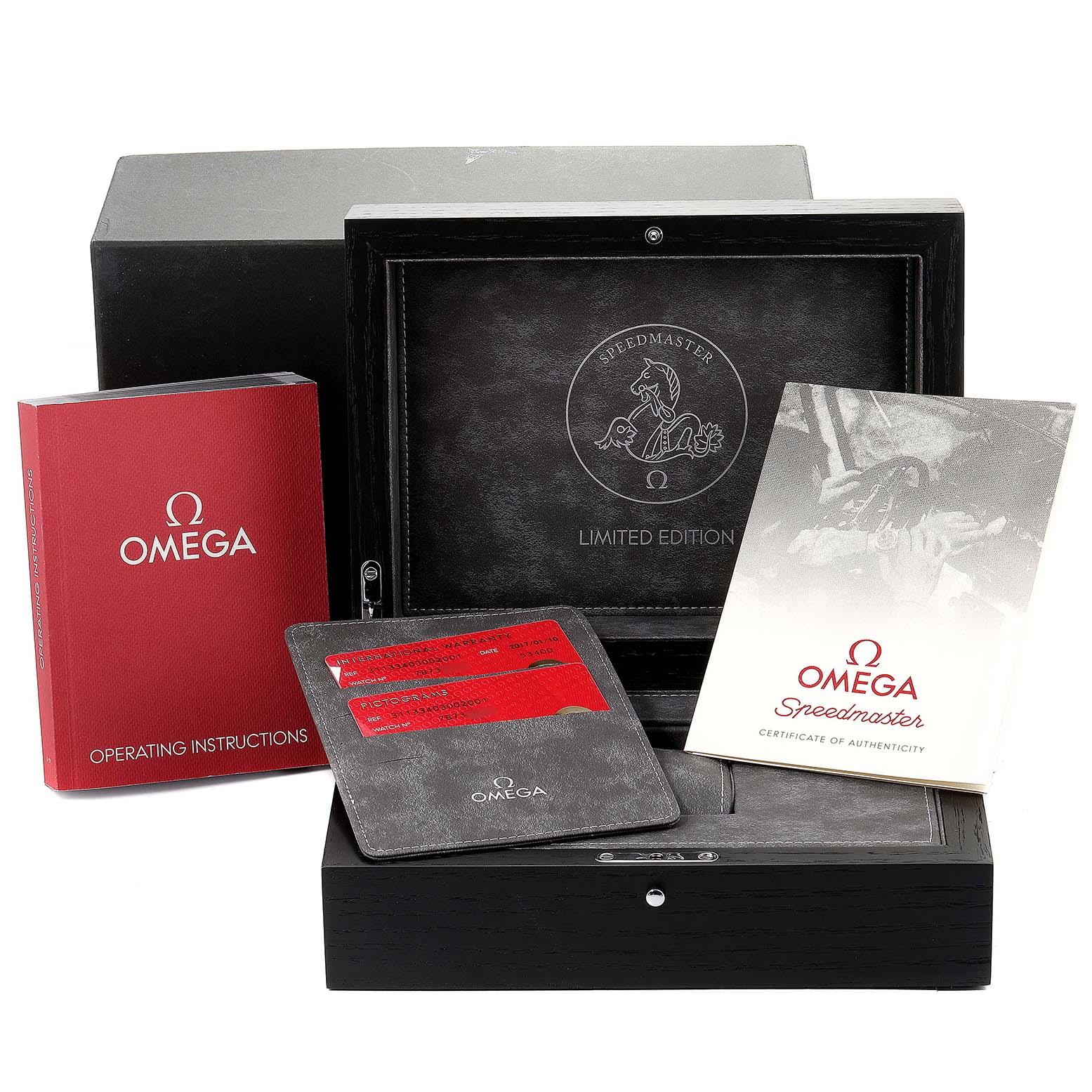 The image shows the packaging, operating instructions, and certificate of authenticity for the Omega Speedmaster 311.33.40.30.02.001 Men's Stainless Steel Silver Dial 311.33.40.30.02.001 Men's Stainless Steel Silver Dial watch.