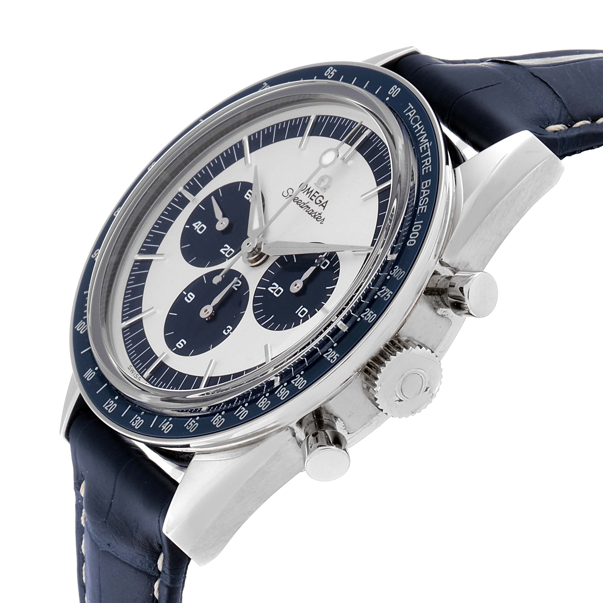 The image shows a side and partial front view of the Omega Speedmaster 311.33.40.30.02.001 Men's Stainless Steel Silver Dial 311.33.40.30.02.001 Men's Stainless Steel Silver Dial watch, highlighting the dial, crown, and pushers.