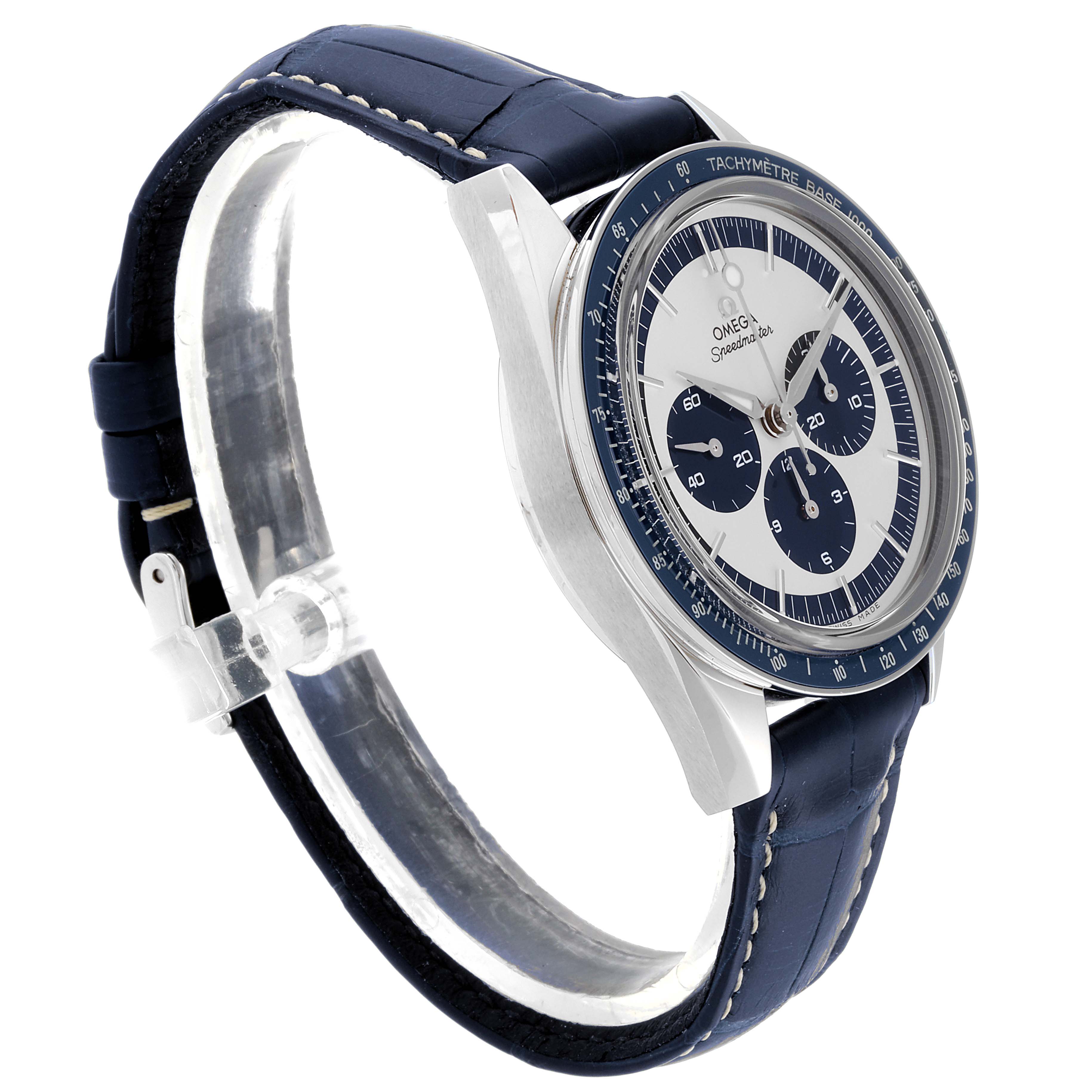 This image shows an Omega Speedmaster 311.33.40.30.02.001 Men's Stainless Steel Silver Dial 311.33.40.30.02.001 Men's Stainless Steel Silver Dial watch from a side angle, highlighting the case, dial, and strap.