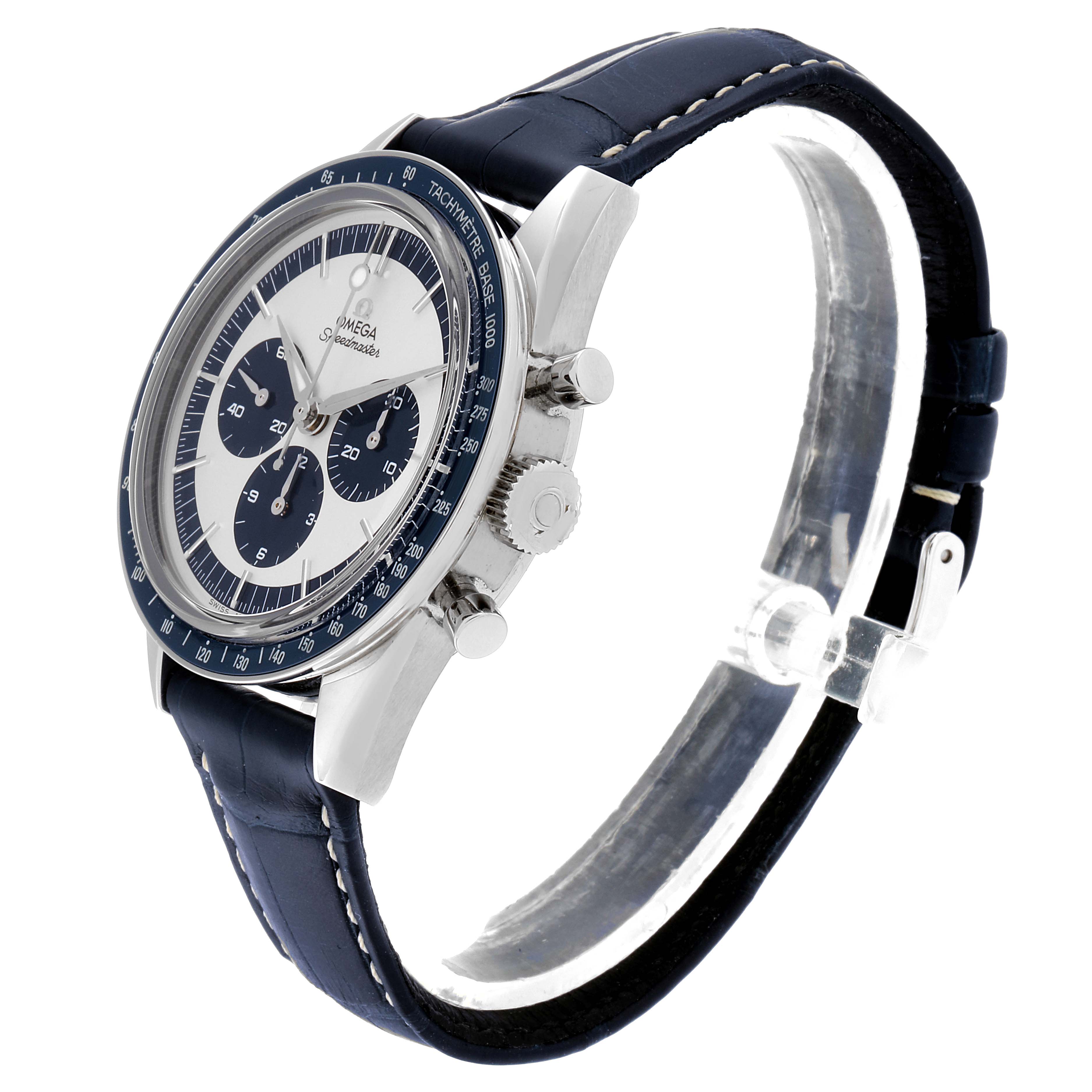 The image shows an Omega Speedmaster 311.33.40.30.02.001 Men's Stainless Steel Silver Dial 311.33.40.30.02.001 Men's Stainless Steel Silver Dial watch at a 3/4 side angle, highlighting its dial, crown, pushers, and leather strap.