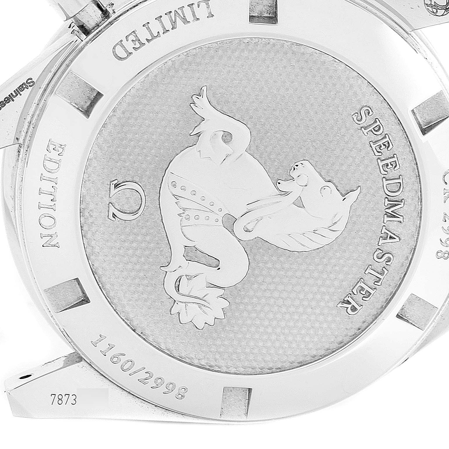 The image shows the back case of an Omega Speedmaster 311.33.40.30.02.001 Men's Stainless Steel Silver Dial 311.33.40.30.02.001 Men's Stainless Steel Silver Dial watch, highlighting its limited edition number and emblem.