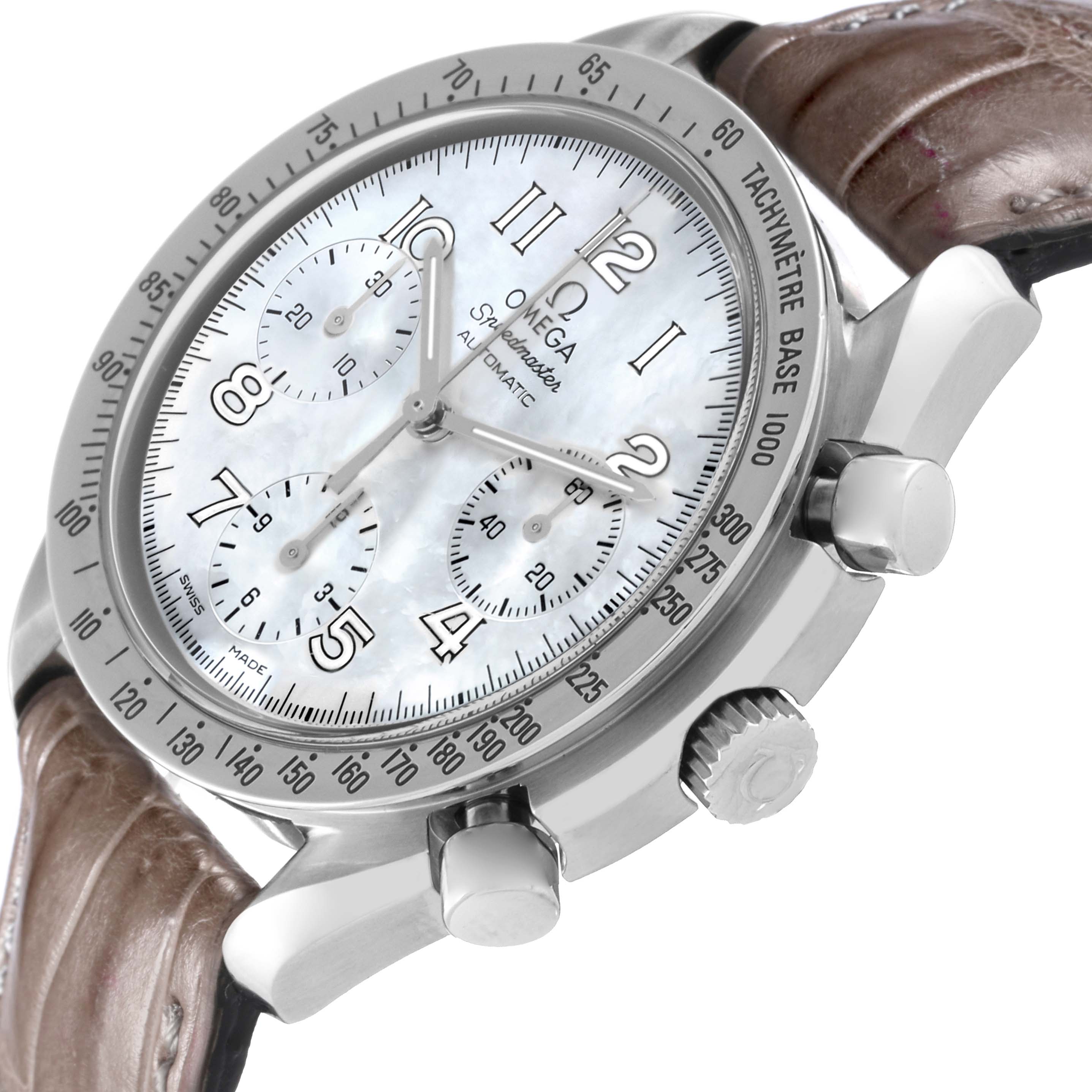 The Omega 3802.70.56 Women's Stainless Steel Mother of Pearl Dial 3802.70.56 Women's Stainless Steel Mother of Pearl Dial Speedmaster Reduced 3802.70.56 watch is shown at an angle highlighting the crown, pushers, dial, and part of the strap.