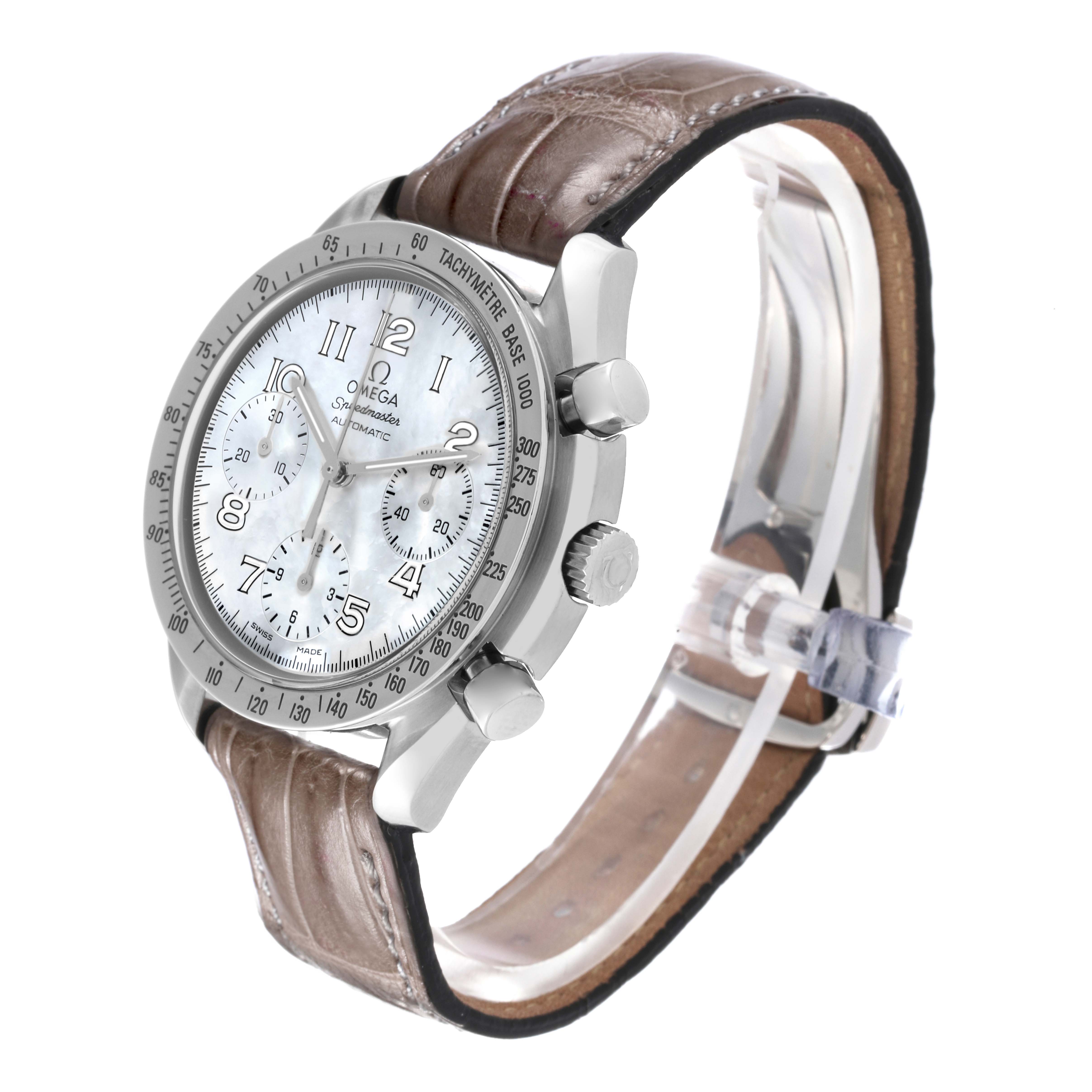 The Omega 3802.70.56 Women's Stainless Steel Mother of Pearl Dial 3802.70.56 Women's Stainless Steel Mother of Pearl Dial Speedmaster Reduced 3802.70.56 is shown at a three-quarter angle, displaying its face, bezel, crown, and leather strap.