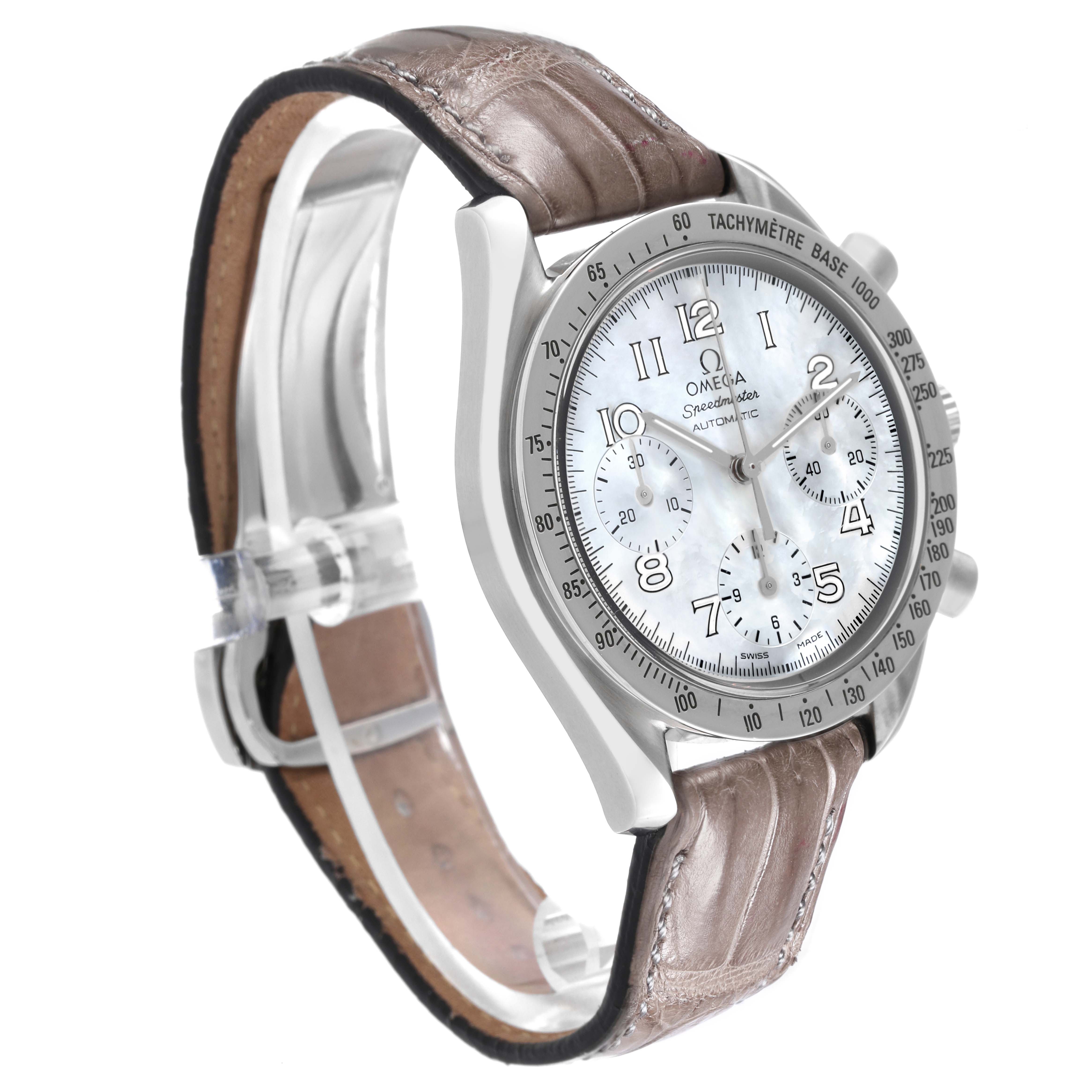 The Omega 3802.70.56 Women's Stainless Steel Mother of Pearl Dial 3802.70.56 Women's Stainless Steel Mother of Pearl Dial Speedmaster Reduced 3802.70.56 is shown at a three-quarter angle, displaying the mother of pearl dial, bezel, and leather strap.