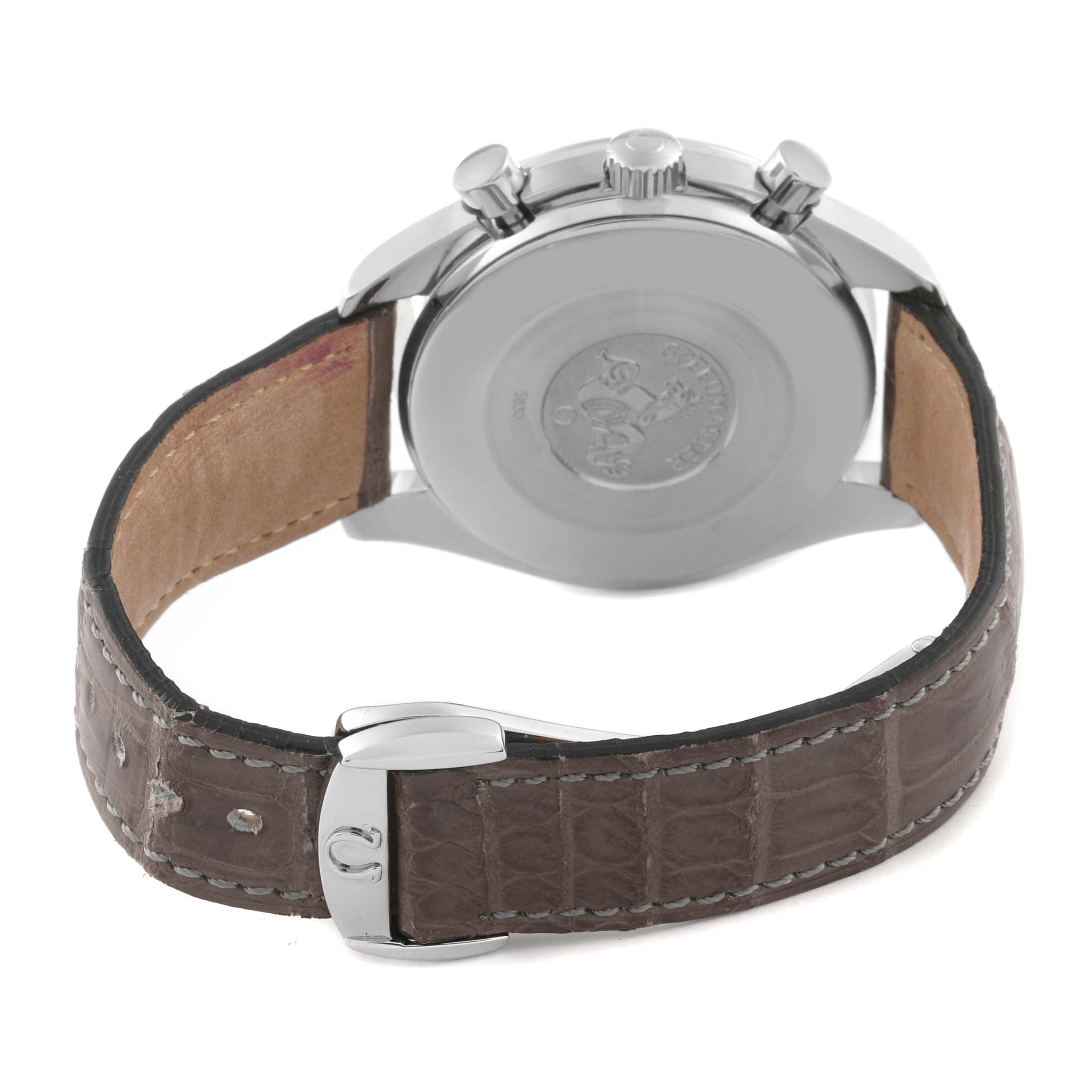 The image shows the back view of the Omega 3802.70.56 Women's Stainless Steel Mother of Pearl Dial 3802.70.56 Women's Stainless Steel Mother of Pearl Dial Speedmaster Reduced Mother of Pearl Dial Steel Ladies Watch 3802.70.56 with its strap and clasp.