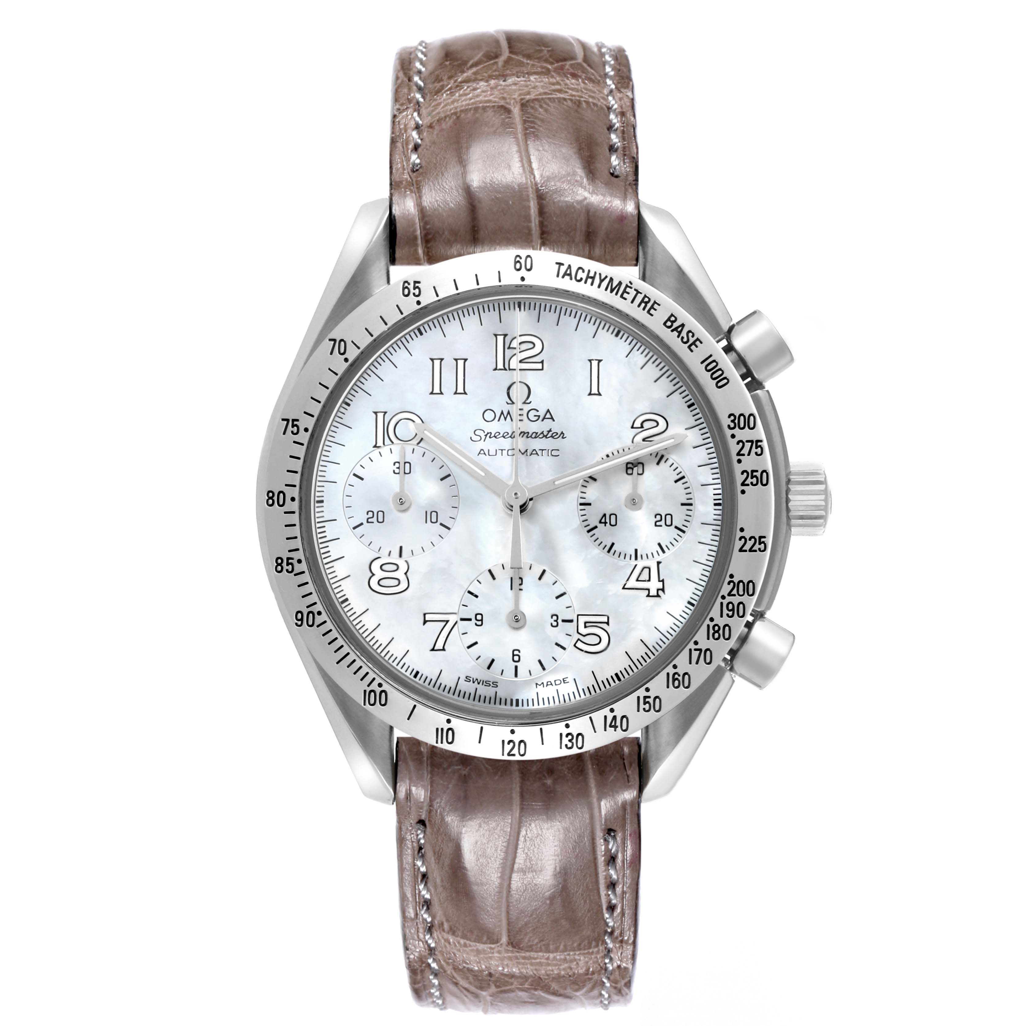 The Omega 3802.70.56 Women's Stainless Steel Mother of Pearl Dial 3802.70.56 Women's Stainless Steel Mother of Pearl Dial Speedmaster Reduced Mother of Pearl Dial Steel Ladies Watch 3802.70.56 is shown from the front, displaying its dial, bezel, and strap.