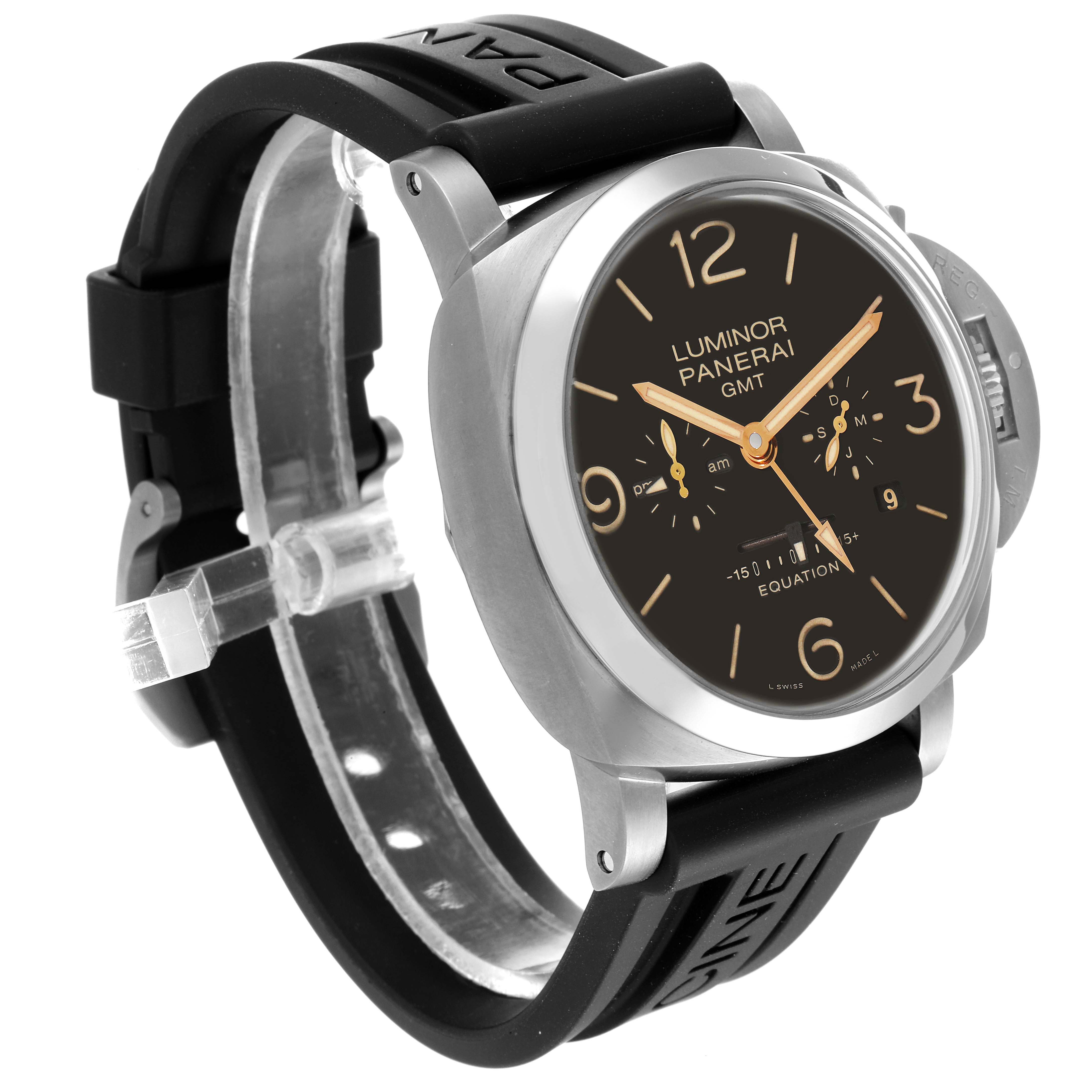 The image shows a side-angle view of a Panerai Luminor PAM00656 Men
s Titanium Brown Dial PAM00656 Men
s Titanium Brown Dial GMT watch, highlighting the face, bezel, and black rubber strap.