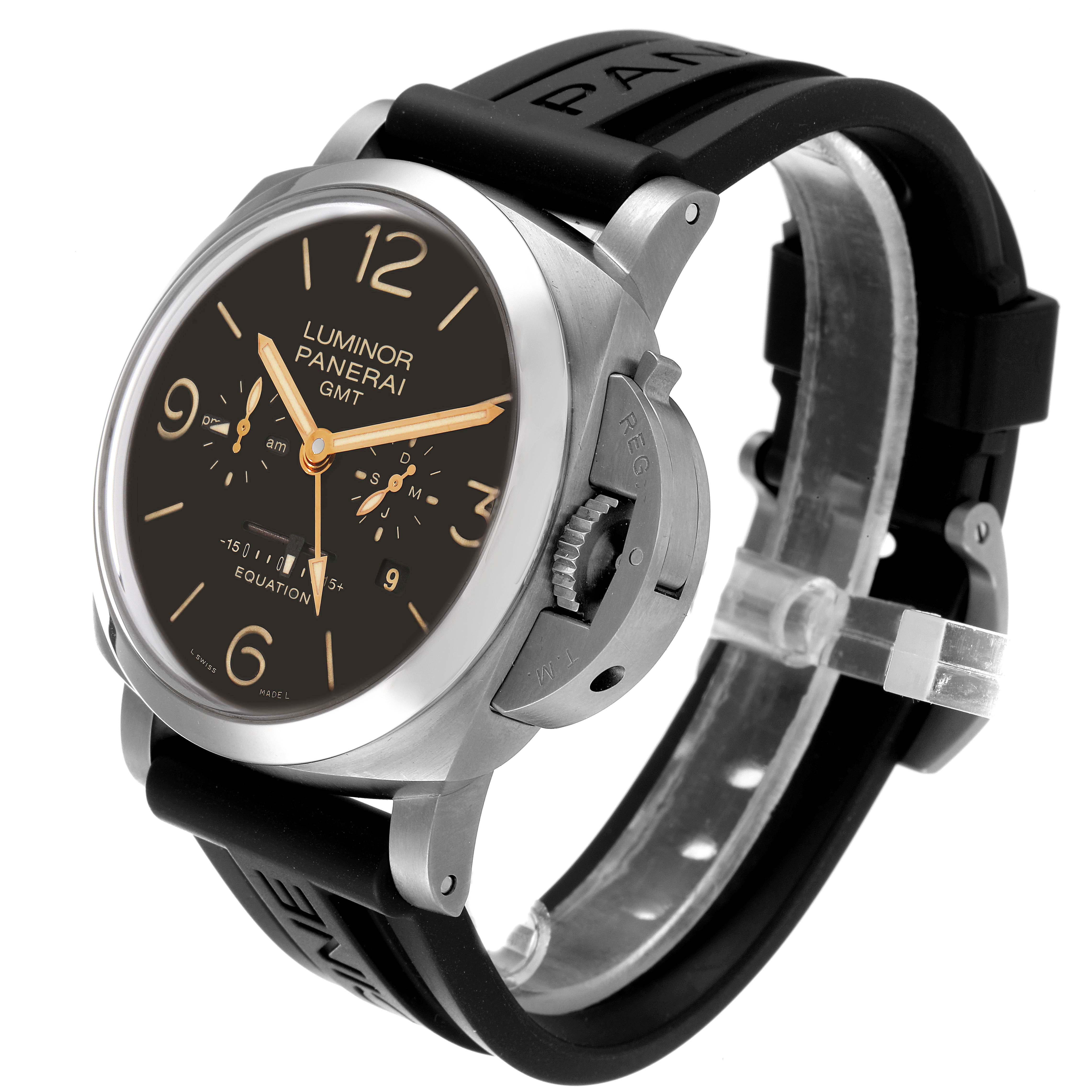 The image shows a Panerai Luminor PAM00656 Men
s Titanium Brown Dial PAM00656 Men
s Titanium Brown Dial GMT watch from an angled view, highlighting the face, casing, and strap.