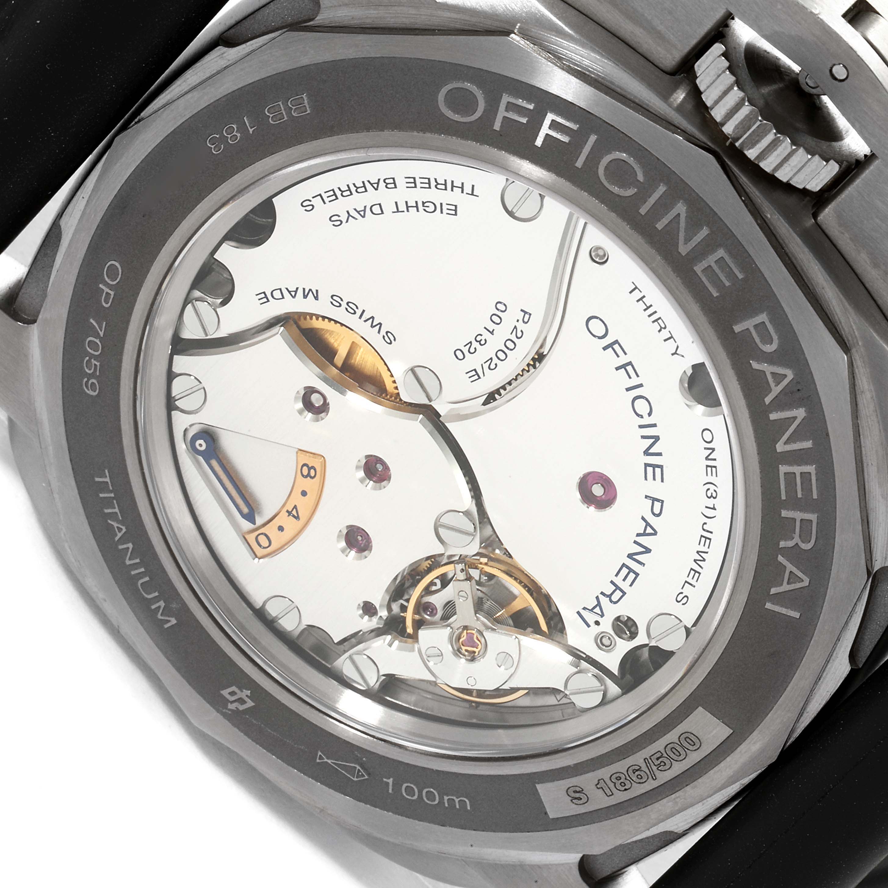 The image shows the back view of a Panerai Luminor PAM00656 Men
s Titanium Brown Dial PAM00656 Men
s Titanium Brown Dial watch, highlighting its intricate movement mechanism.