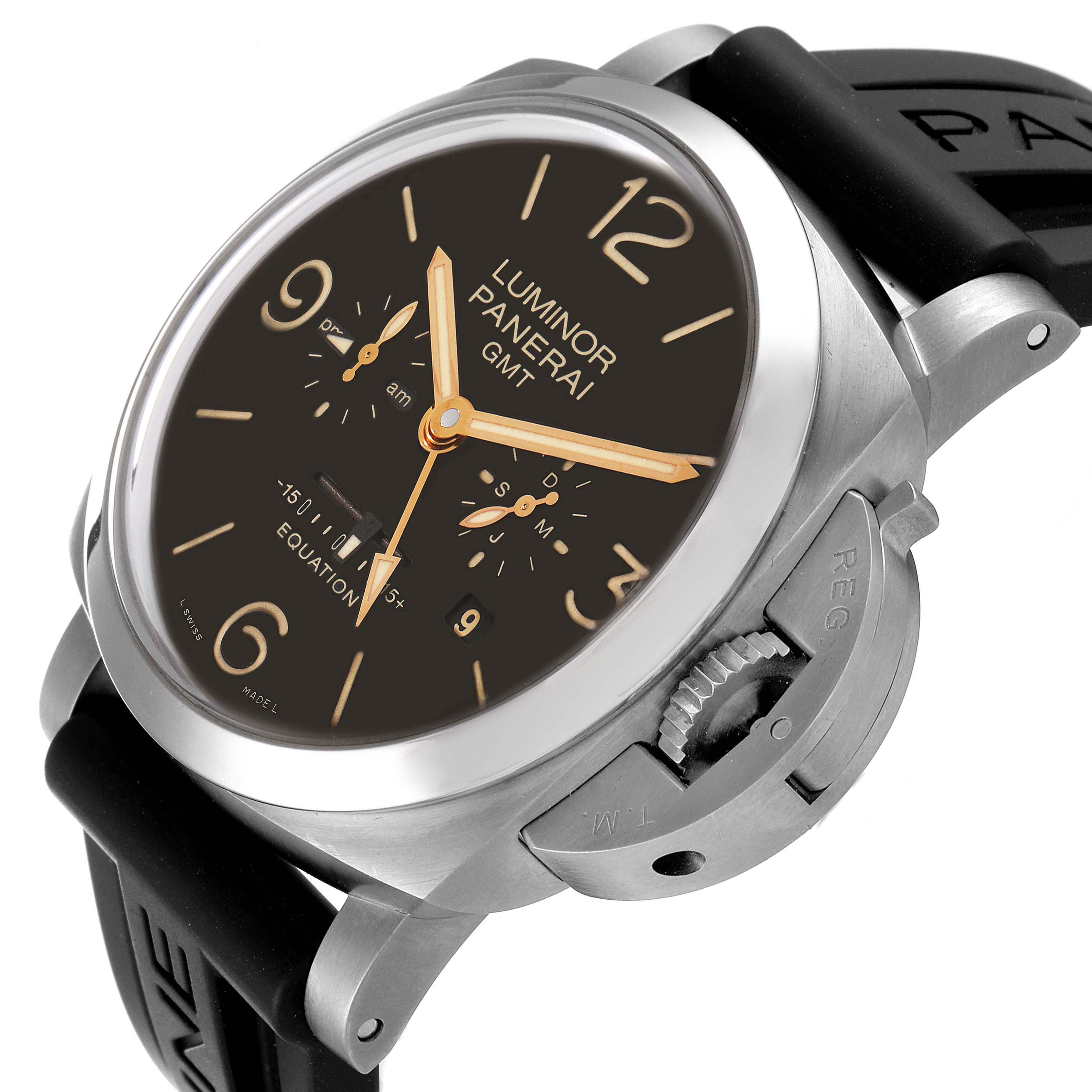 This image shows a Panerai Luminor PAM00656 Men
s Titanium Brown Dial PAM00656 Men
s Titanium Brown Dial watch at an angled, close-up view, highlighting its dial, crown, and black strap.